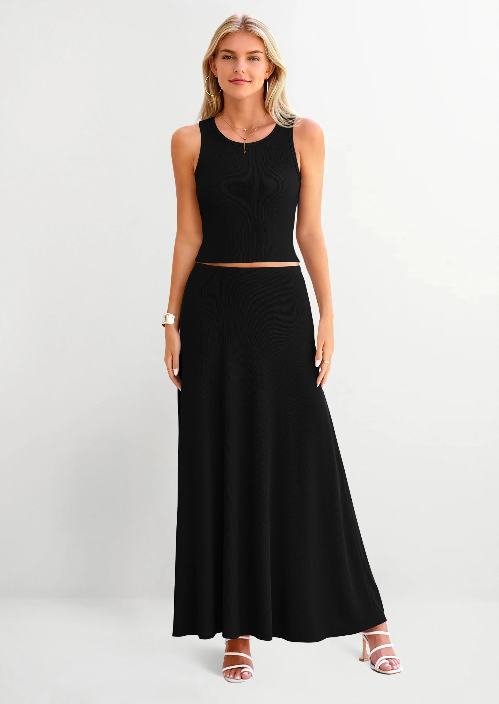 PRETTYGARDEN 2 Piece Maxi Skirt Sets Casual Knit Cropped Tank Top High Waisted Long Skirts Outfit - Image 23