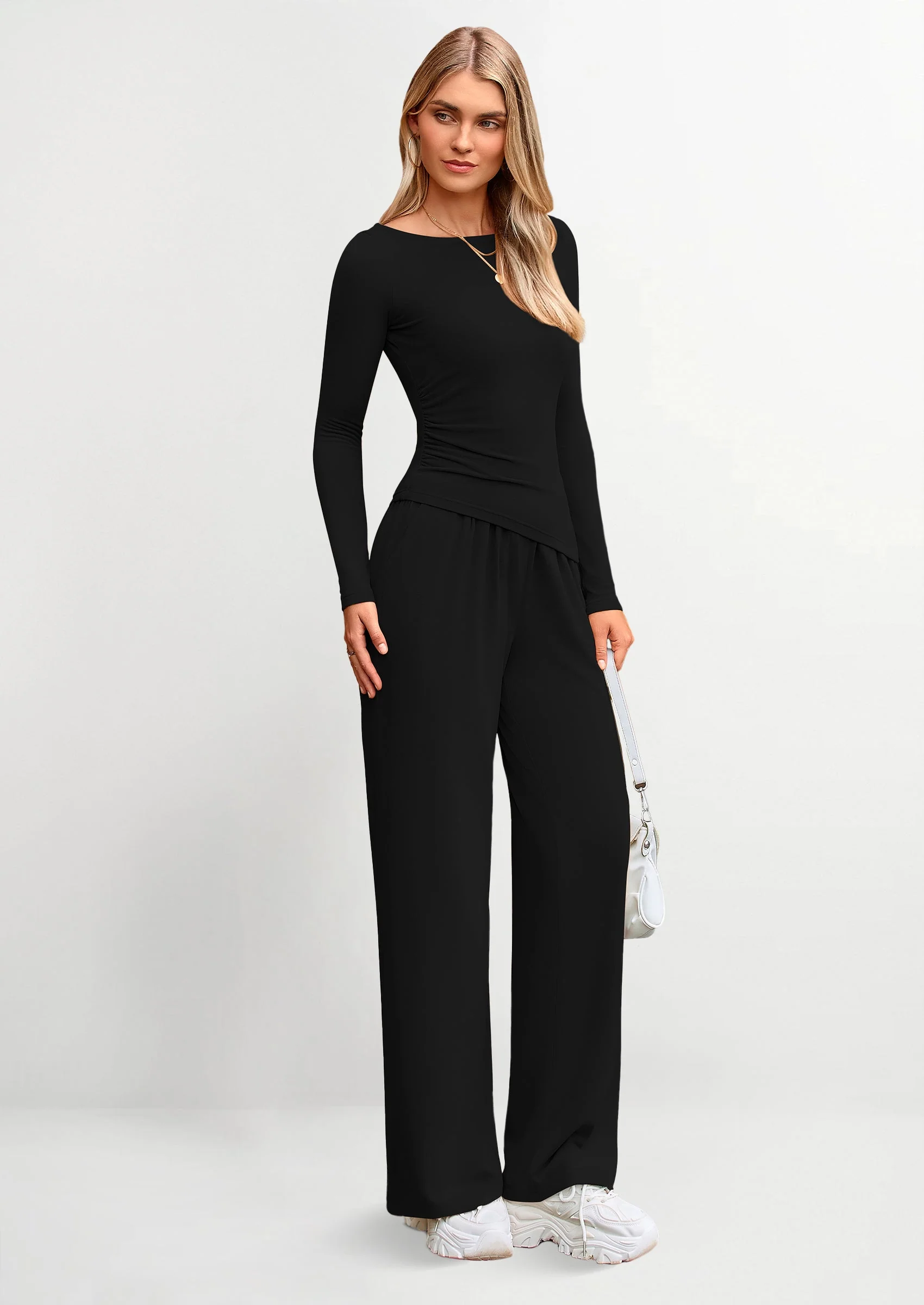 PRETTYGARDEN Women's 2 Piece Lounge Sets Asymmetrical Long Sleeve T Shirt Wide Leg Pants Casual Outfits Tracksuit - Image 12