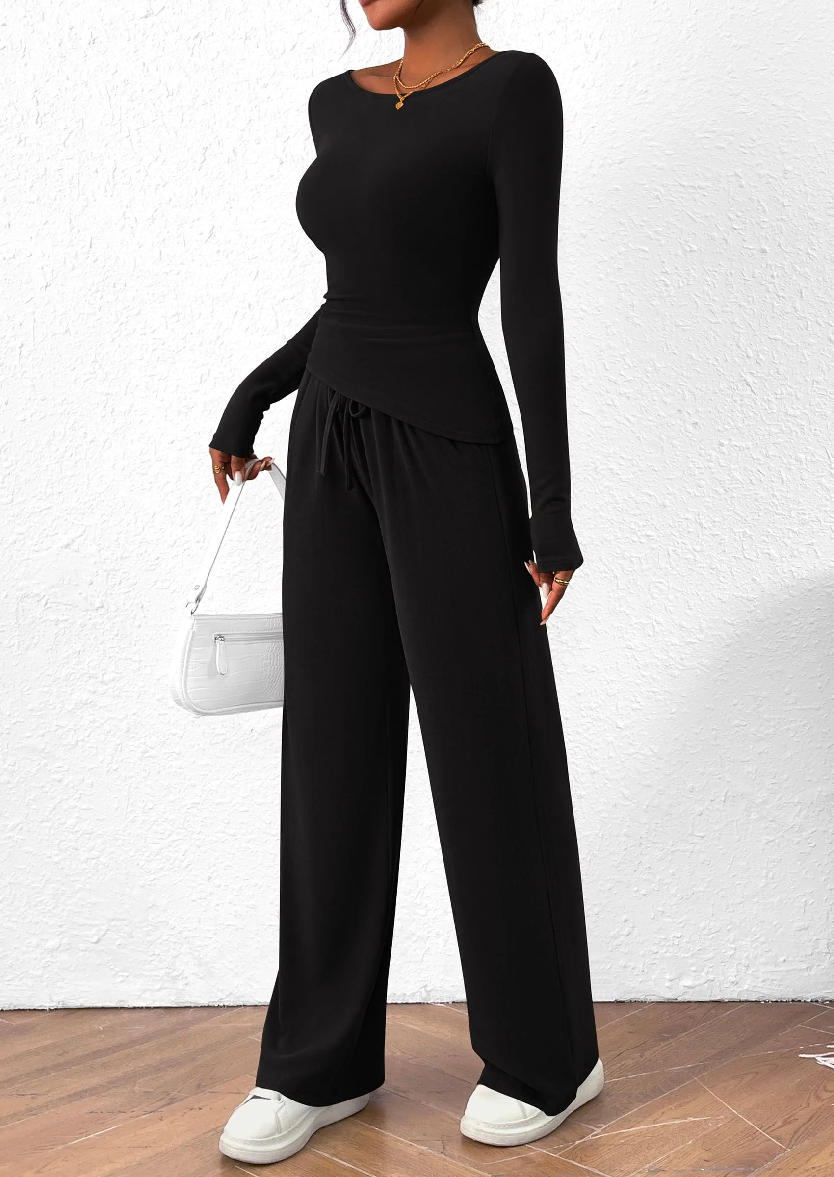 PRETTYGARDEN Women's 2 Piece Lounge Sets Asymmetrical Long Sleeve T Shirt Wide Leg Pants Casual Outfits Tracksuit - Image 15