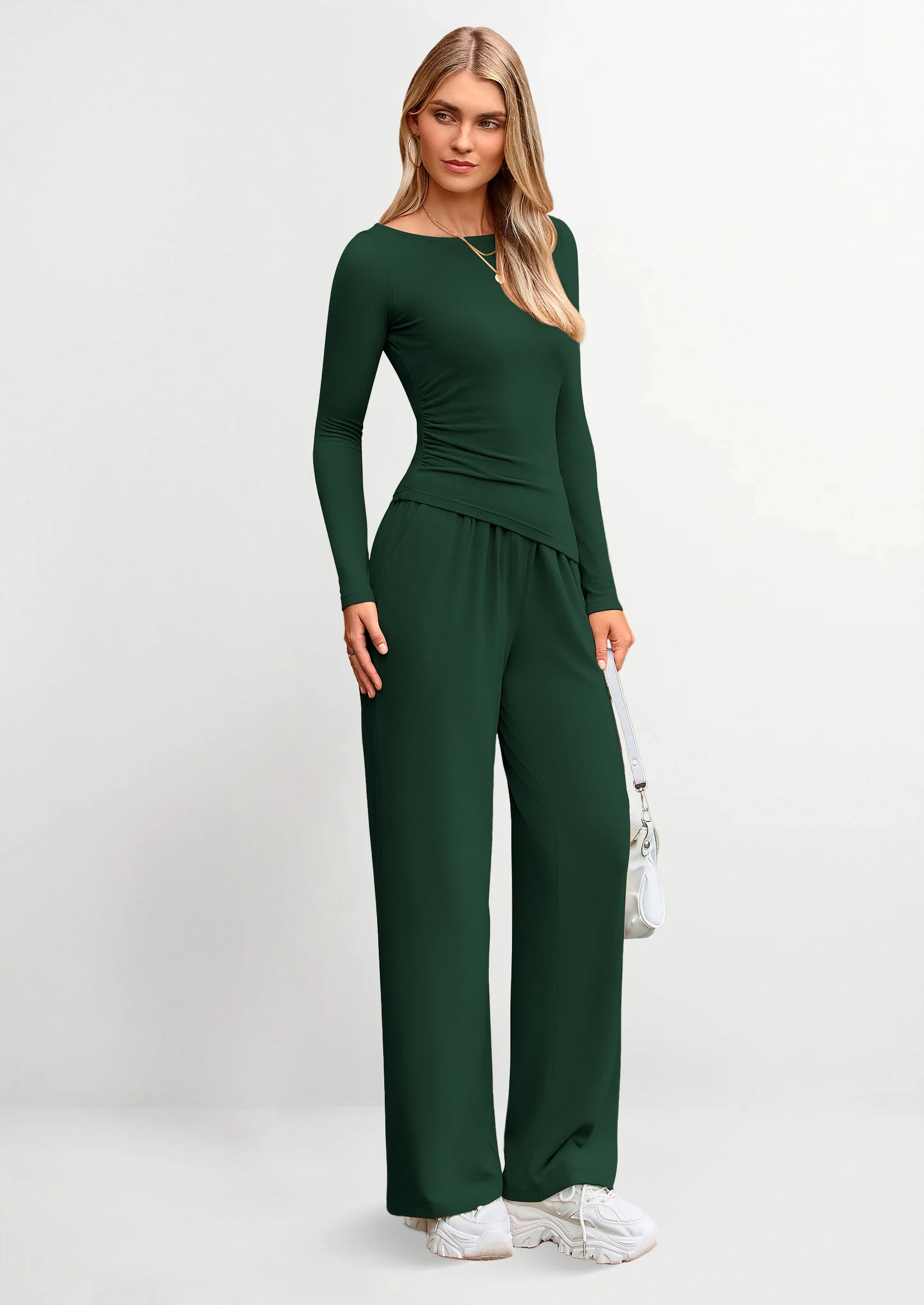 PRETTYGARDEN Women's 2 Piece Lounge Sets Asymmetrical Long Sleeve T Shirt Wide Leg Pants Casual Outfits Tracksuit - Image 17