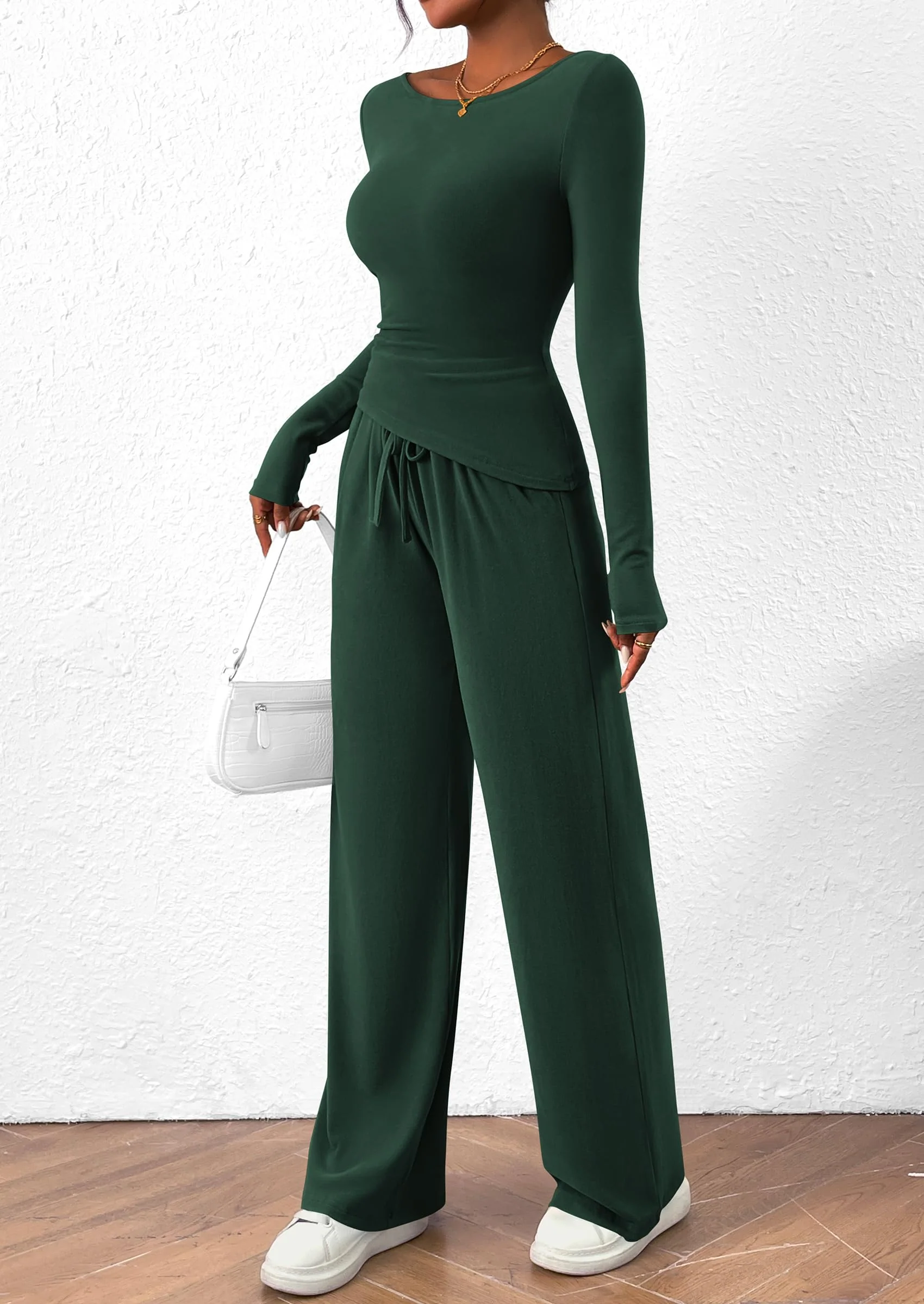 PRETTYGARDEN Women's 2 Piece Lounge Sets Asymmetrical Long Sleeve T Shirt Wide Leg Pants Casual Outfits Tracksuit - Image 21