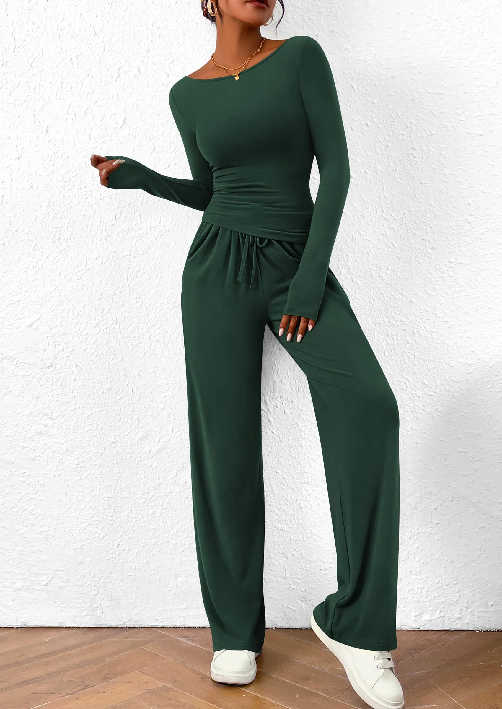 PRETTYGARDEN Women's 2 Piece Lounge Sets Asymmetrical Long Sleeve T Shirt Wide Leg Pants Casual Outfits Tracksuit - Image 24