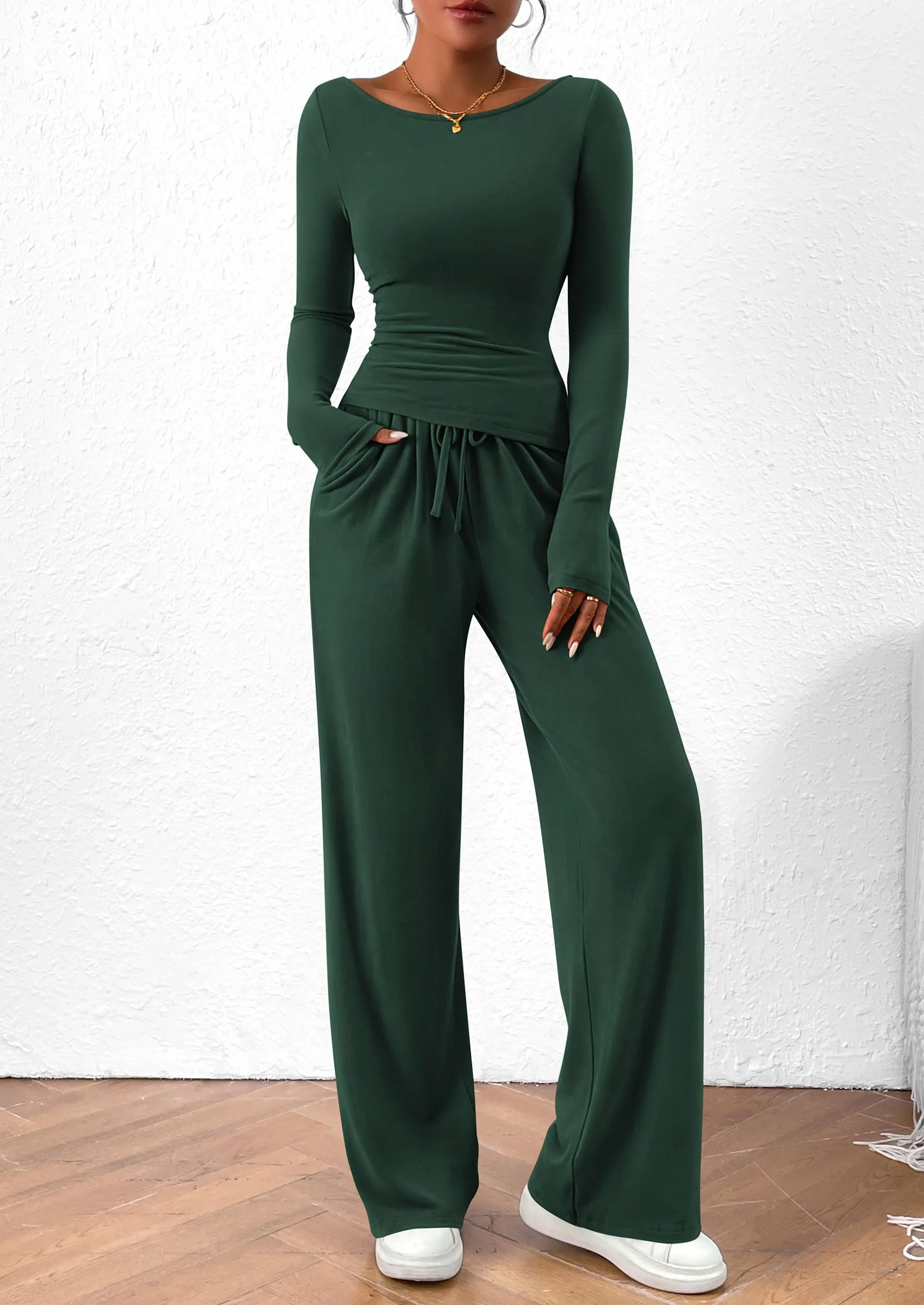 PRETTYGARDEN Women's 2 Piece Lounge Sets Asymmetrical Long Sleeve T Shirt Wide Leg Pants Casual Outfits Tracksuit - Image 26