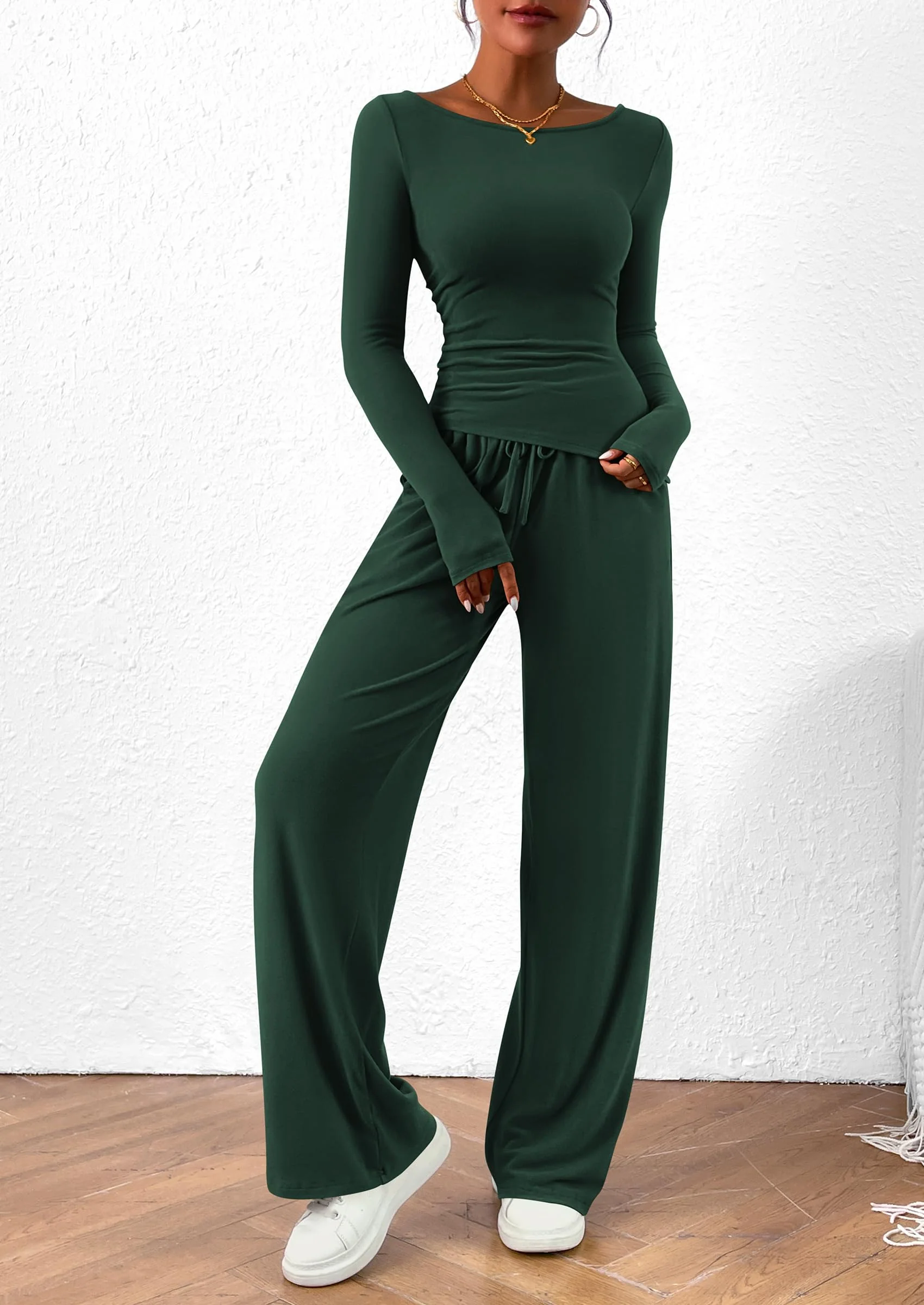 PRETTYGARDEN Women's 2 Piece Lounge Sets Asymmetrical Long Sleeve T Shirt Wide Leg Pants Casual Outfits Tracksuit - Image 27