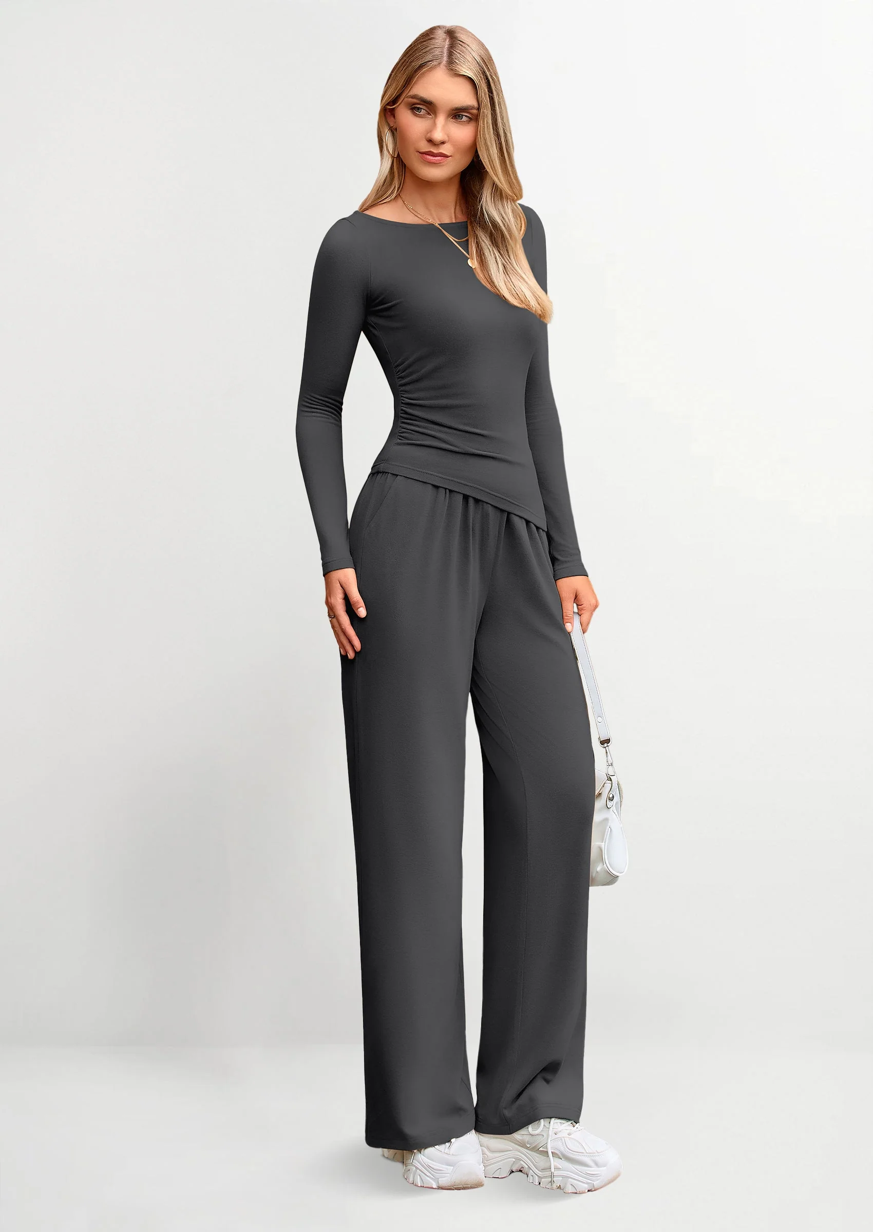 PRETTYGARDEN Women's 2 Piece Lounge Sets Asymmetrical Long Sleeve T Shirt Wide Leg Pants Casual Outfits Tracksuit - Image 28
