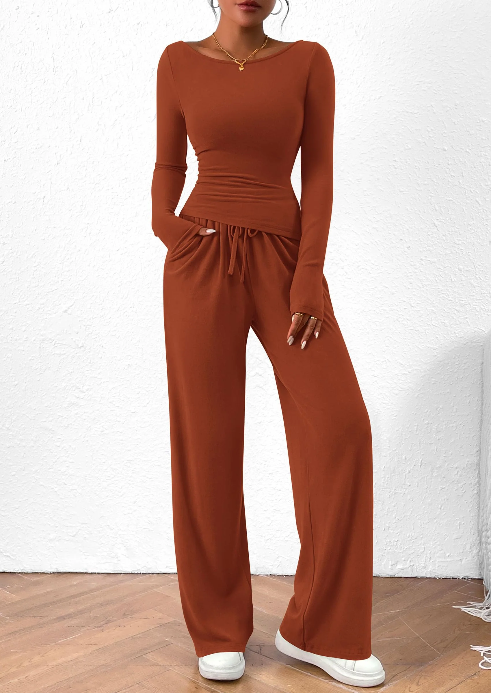 PRETTYGARDEN Women's 2 Piece Lounge Sets Asymmetrical Long Sleeve T Shirt Wide Leg Pants Casual Outfits Tracksuit - Image 3