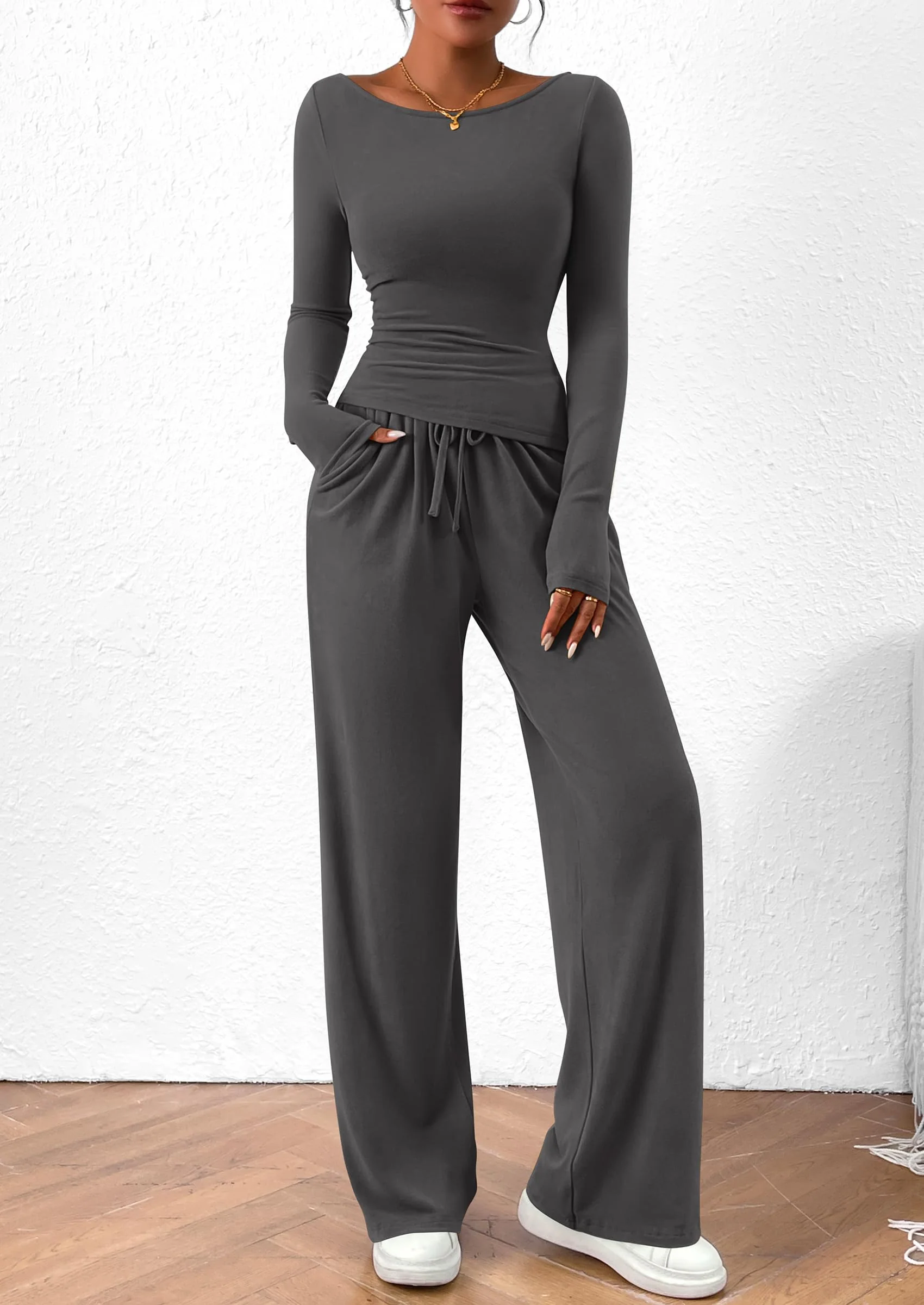 PRETTYGARDEN Women's 2 Piece Lounge Sets Asymmetrical Long Sleeve T Shirt Wide Leg Pants Casual Outfits Tracksuit - Image 30