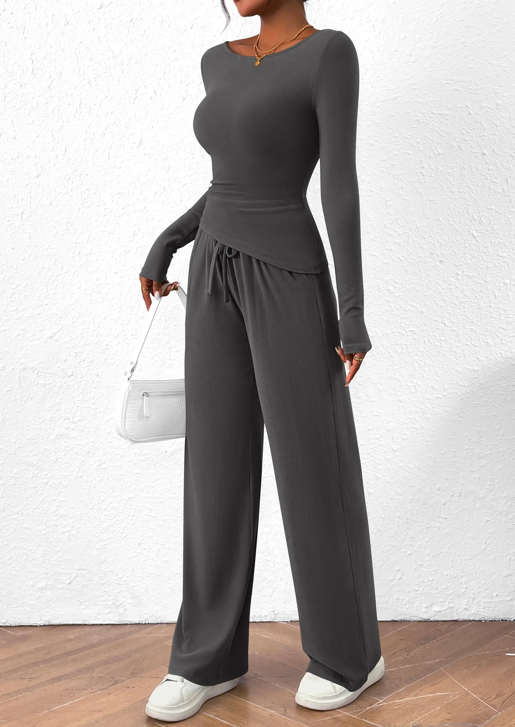 PRETTYGARDEN Women's 2 Piece Lounge Sets Asymmetrical Long Sleeve T Shirt Wide Leg Pants Casual Outfits Tracksuit - Image 32
