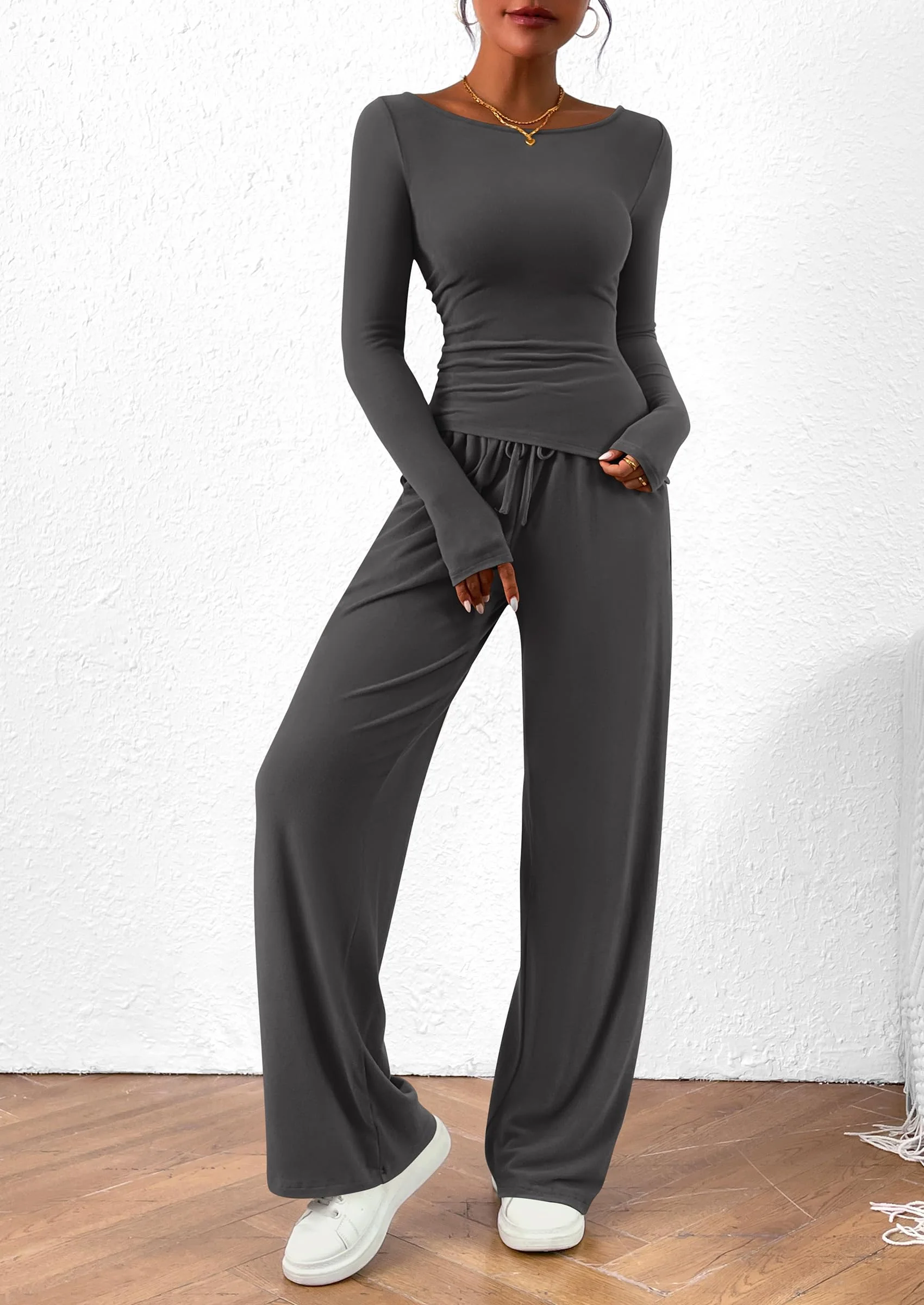 PRETTYGARDEN Women's 2 Piece Lounge Sets Asymmetrical Long Sleeve T Shirt Wide Leg Pants Casual Outfits Tracksuit - Image 35