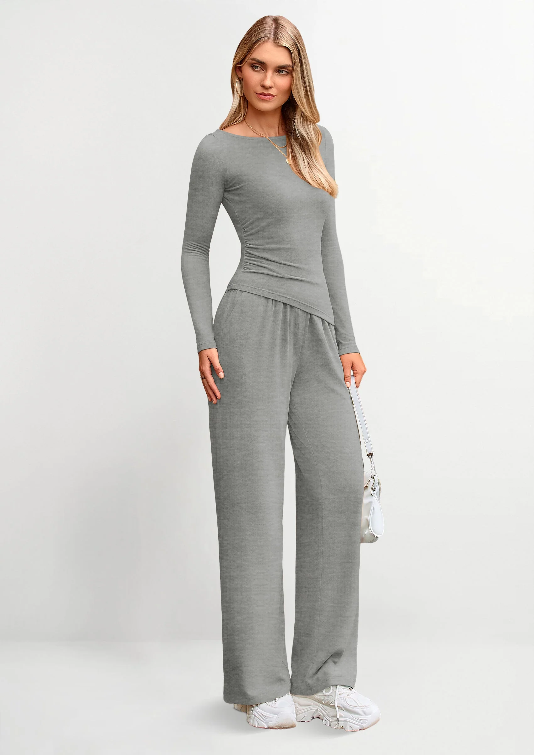 PRETTYGARDEN Women's 2 Piece Lounge Sets Asymmetrical Long Sleeve T Shirt Wide Leg Pants Casual Outfits Tracksuit - Image 36