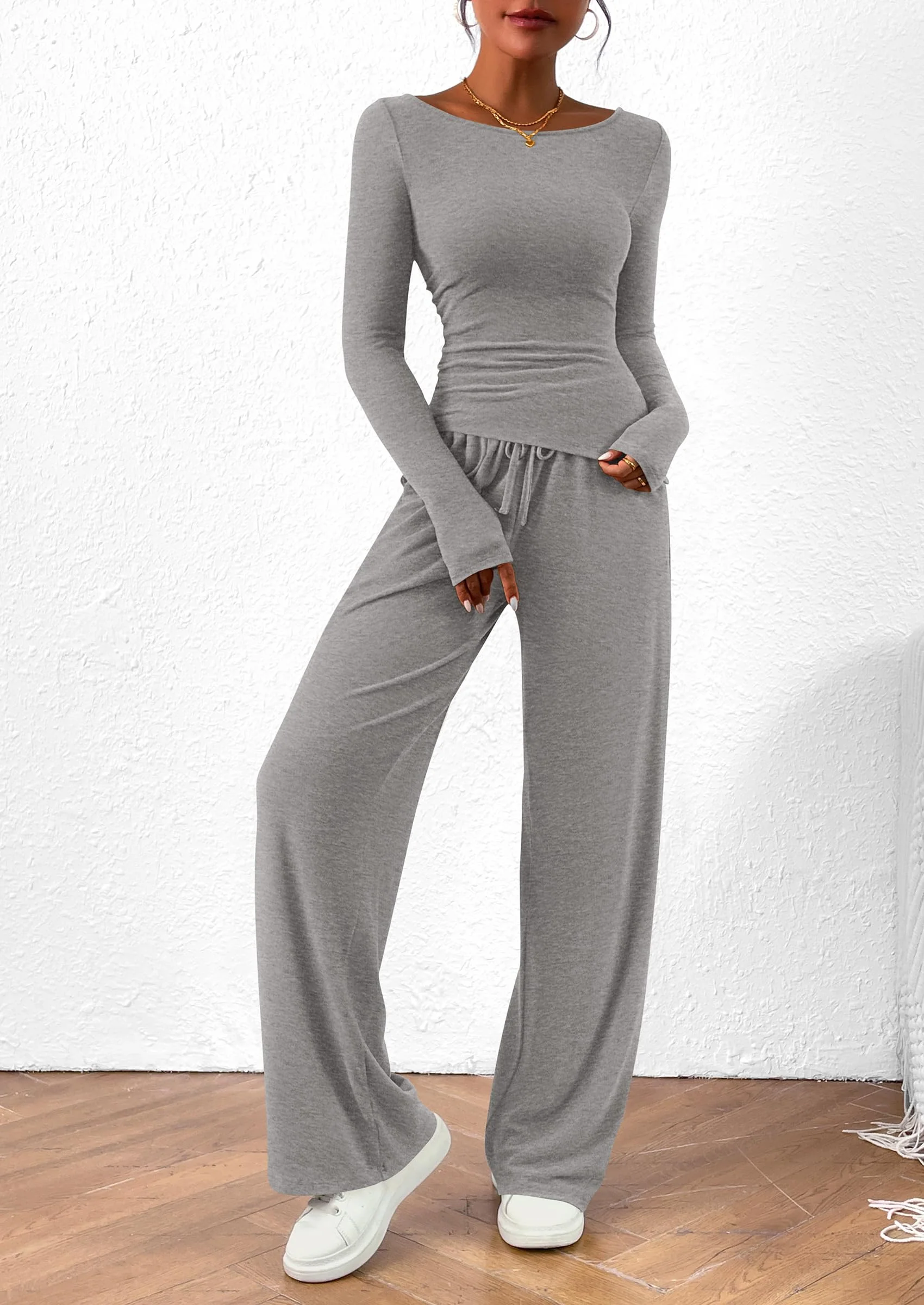 PRETTYGARDEN Women's 2 Piece Lounge Sets Asymmetrical Long Sleeve T Shirt Wide Leg Pants Casual Outfits Tracksuit - Image 38