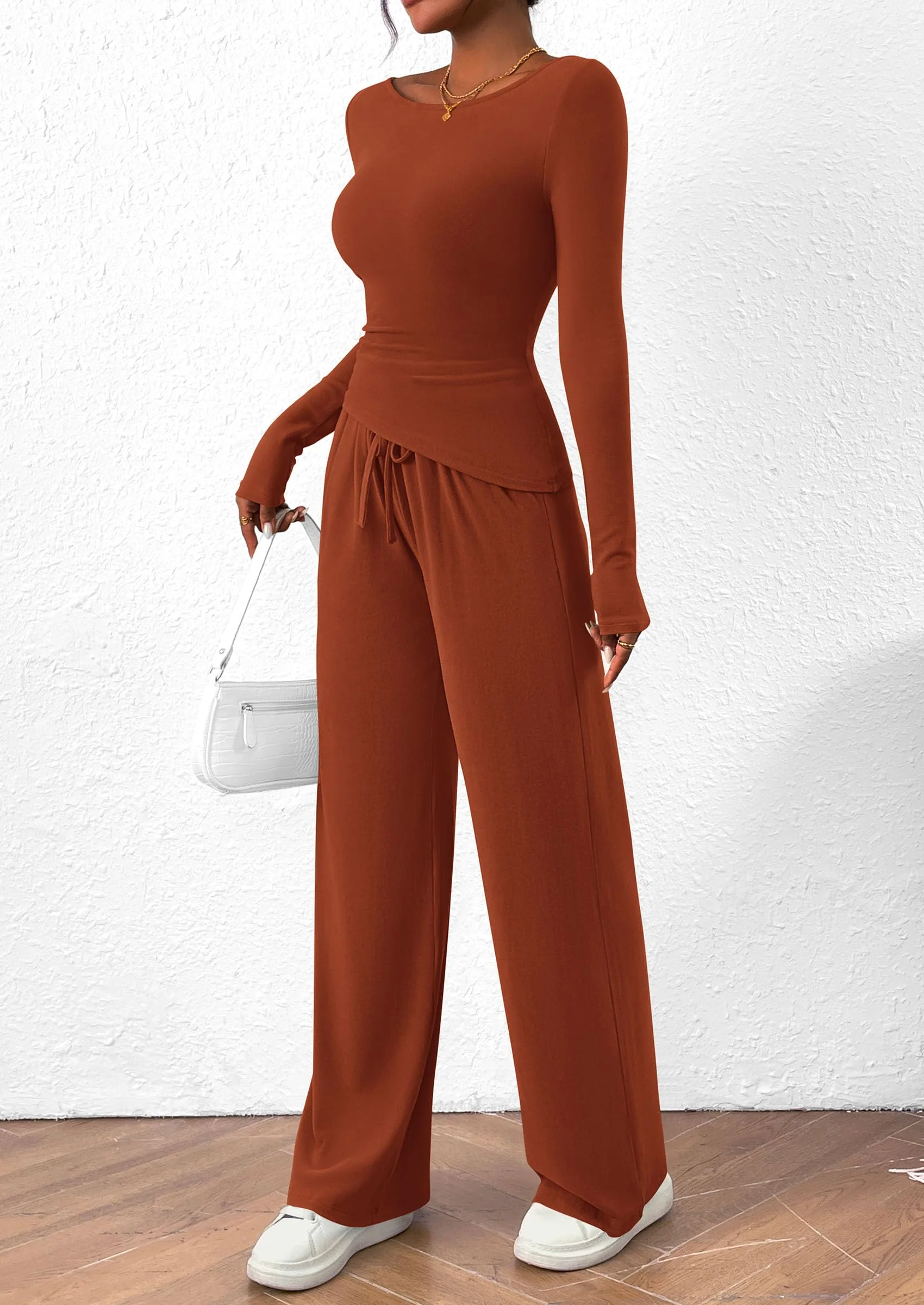 PRETTYGARDEN Women's 2 Piece Lounge Sets Asymmetrical Long Sleeve T Shirt Wide Leg Pants Casual Outfits Tracksuit - Image 4