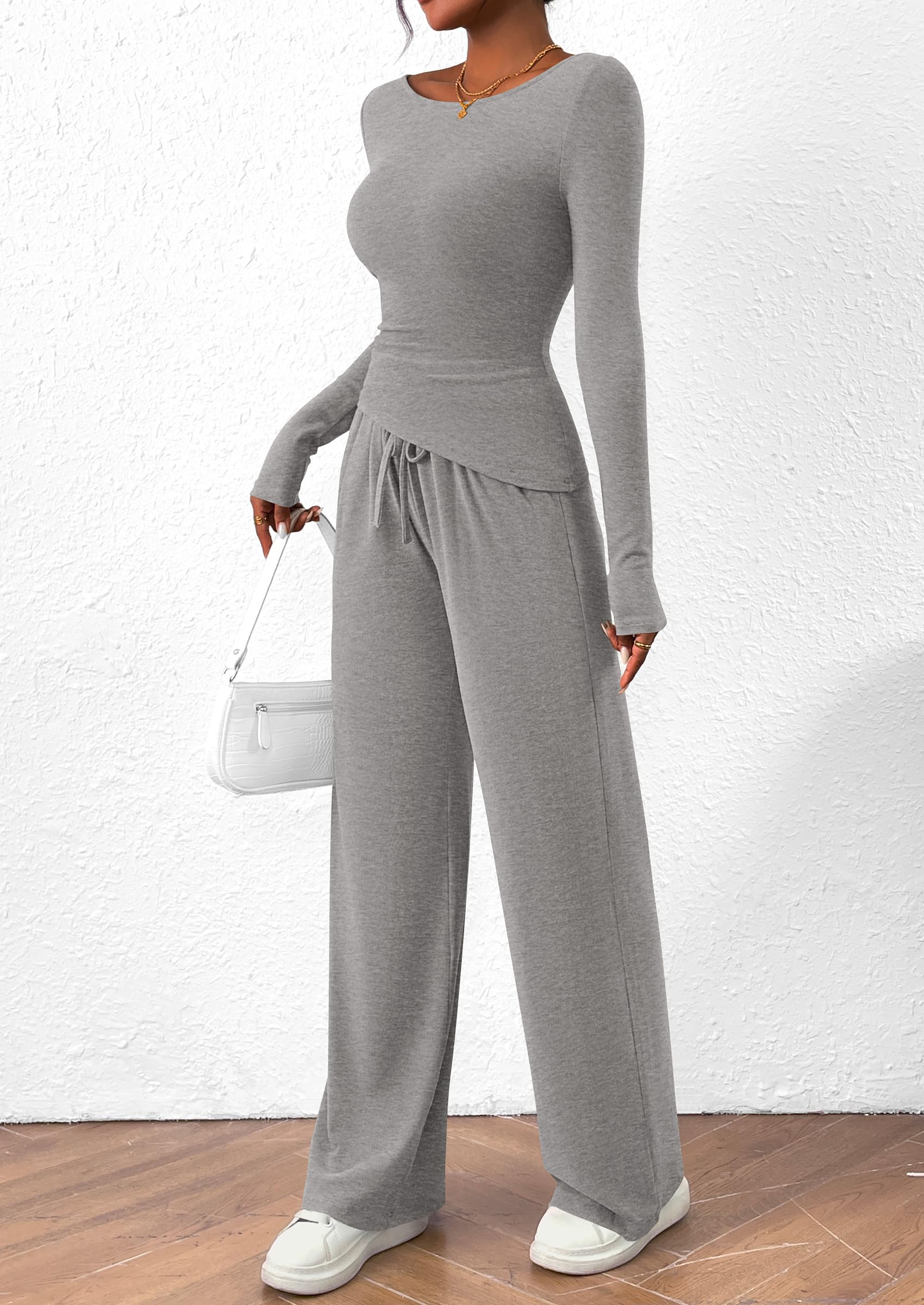 PRETTYGARDEN Women's 2 Piece Lounge Sets Asymmetrical Long Sleeve T Shirt Wide Leg Pants Casual Outfits Tracksuit - Image 40