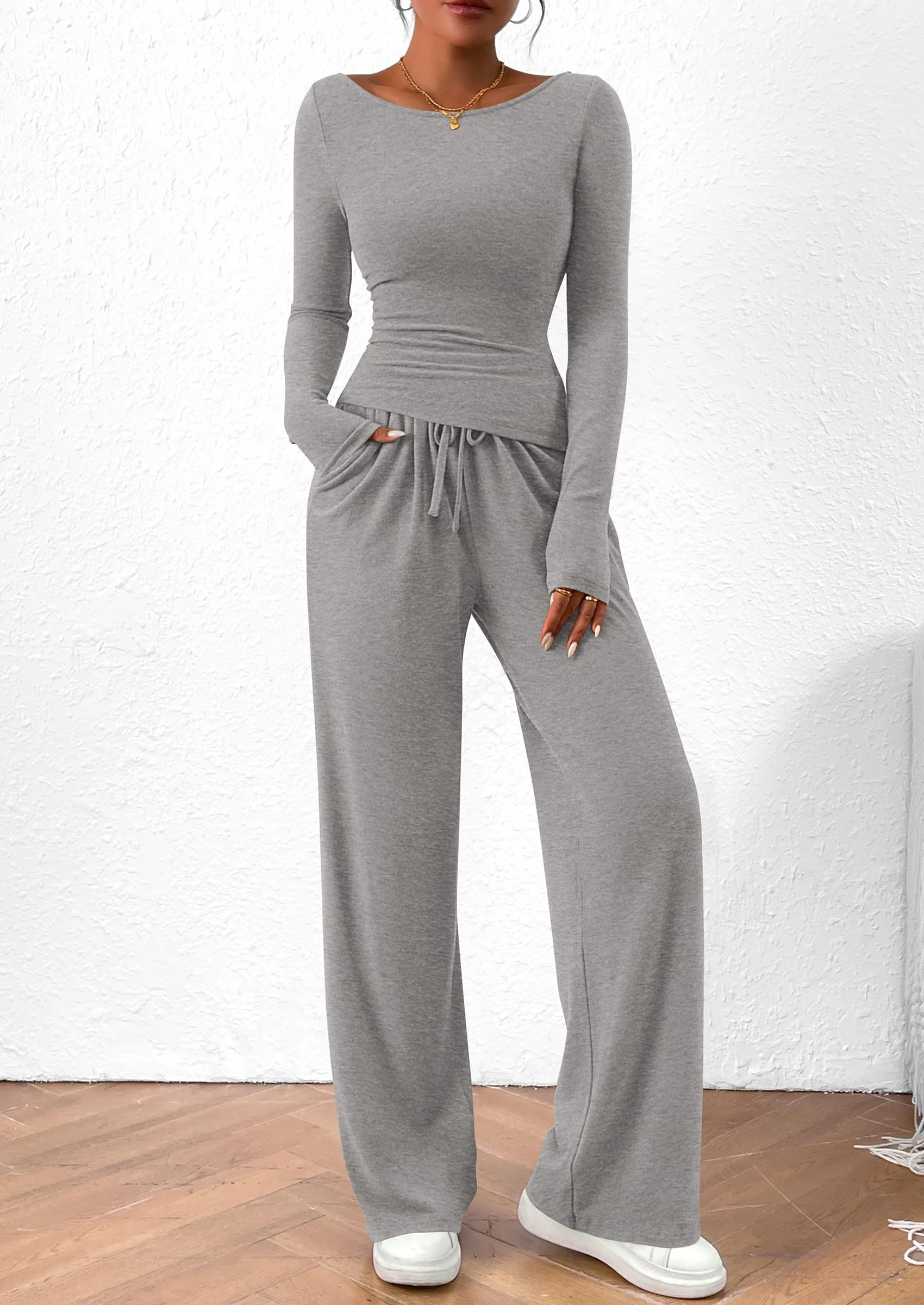 PRETTYGARDEN Women's 2 Piece Lounge Sets Asymmetrical Long Sleeve T Shirt Wide Leg Pants Casual Outfits Tracksuit - Image 42