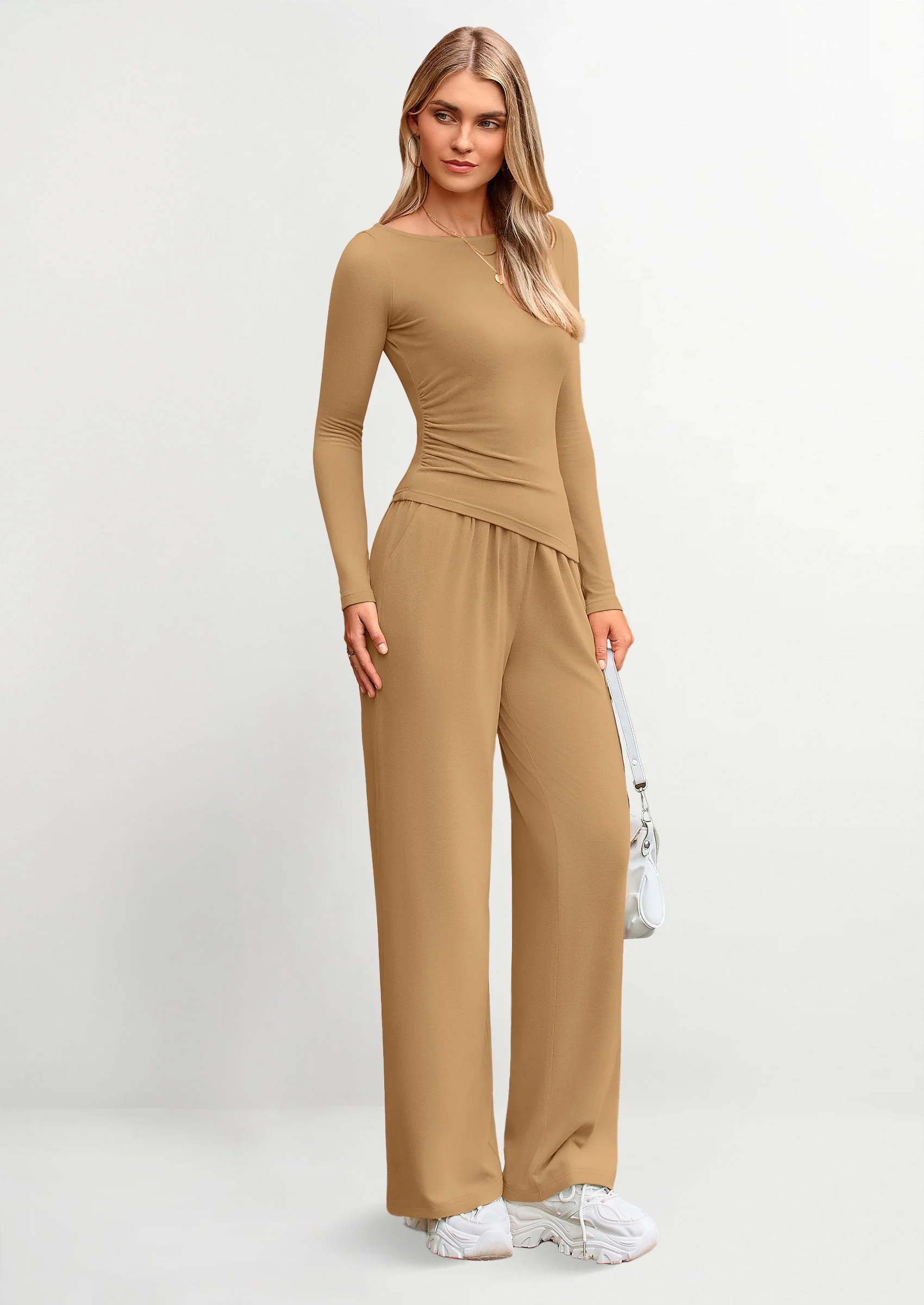 PRETTYGARDEN Women's 2 Piece Lounge Sets Asymmetrical Long Sleeve T Shirt Wide Leg Pants Casual Outfits Tracksuit - Image 44