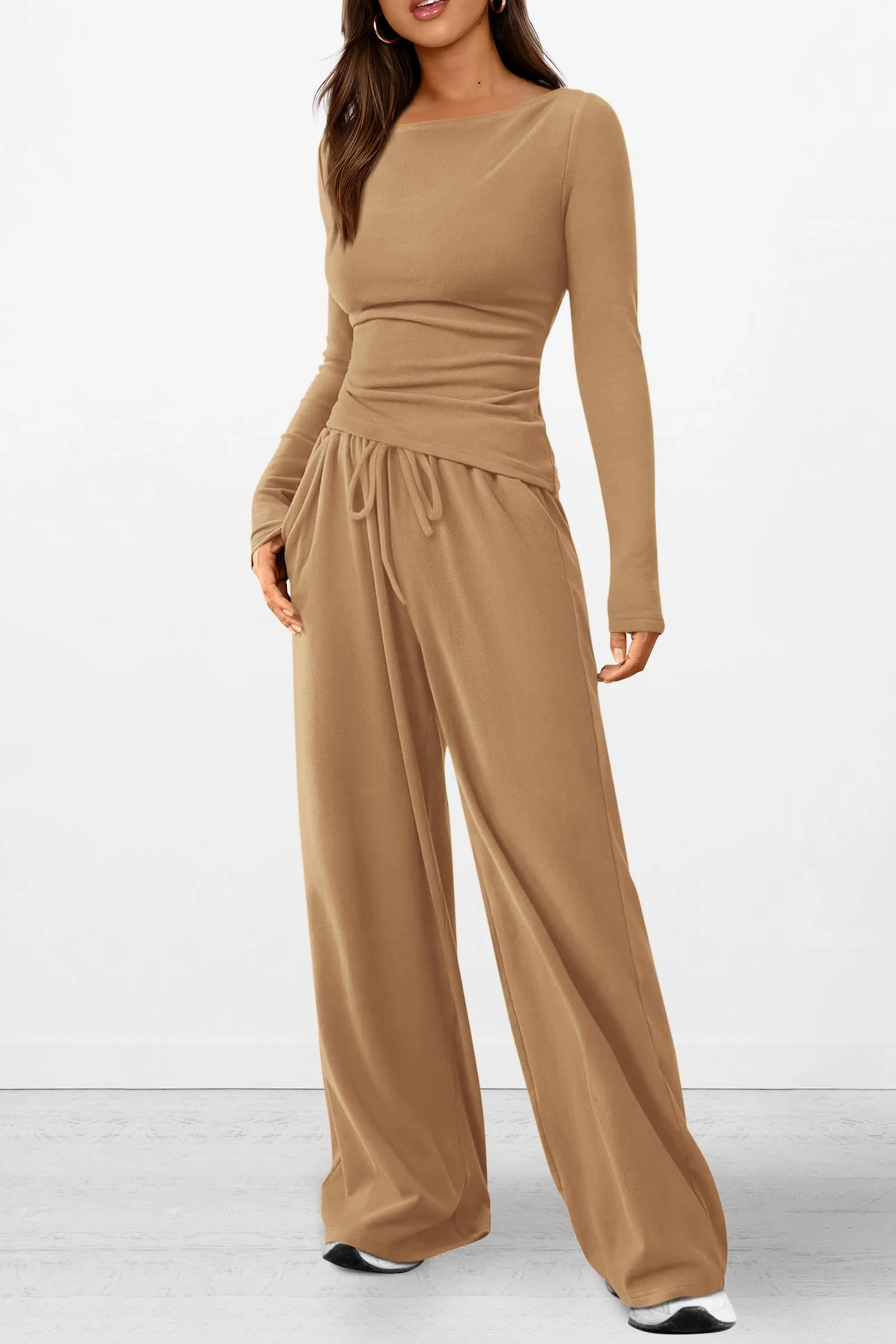 PRETTYGARDEN Women's 2 Piece Lounge Sets Asymmetrical Long Sleeve T Shirt Wide Leg Pants Casual Outfits Tracksuit - Image 46
