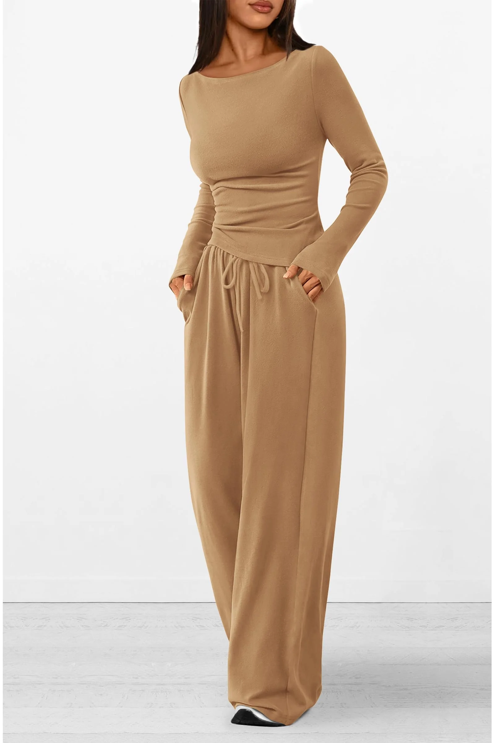 PRETTYGARDEN Women's 2 Piece Lounge Sets Asymmetrical Long Sleeve T Shirt Wide Leg Pants Casual Outfits Tracksuit - Image 47