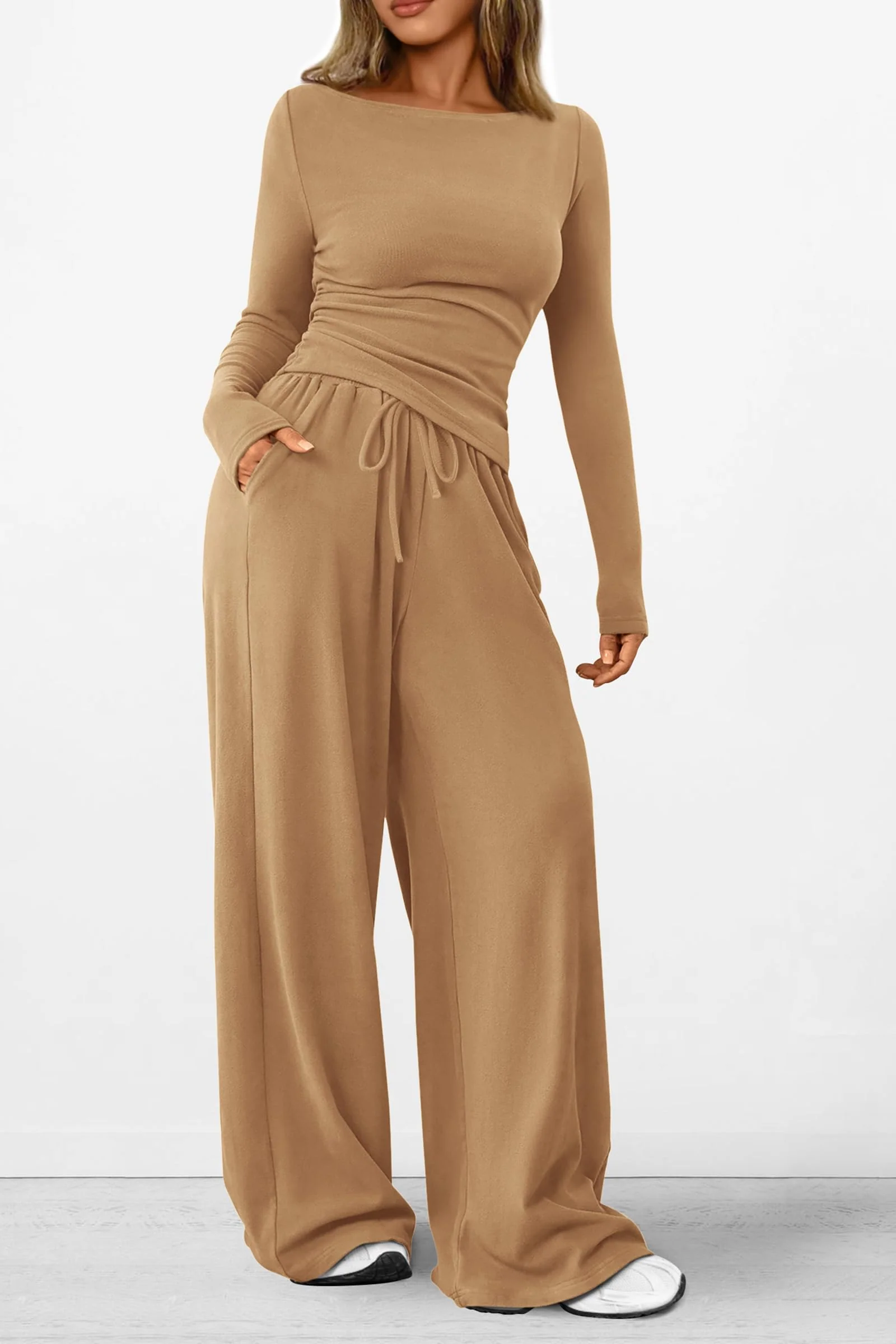 PRETTYGARDEN Women's 2 Piece Lounge Sets Asymmetrical Long Sleeve T Shirt Wide Leg Pants Casual Outfits Tracksuit - Image 48
