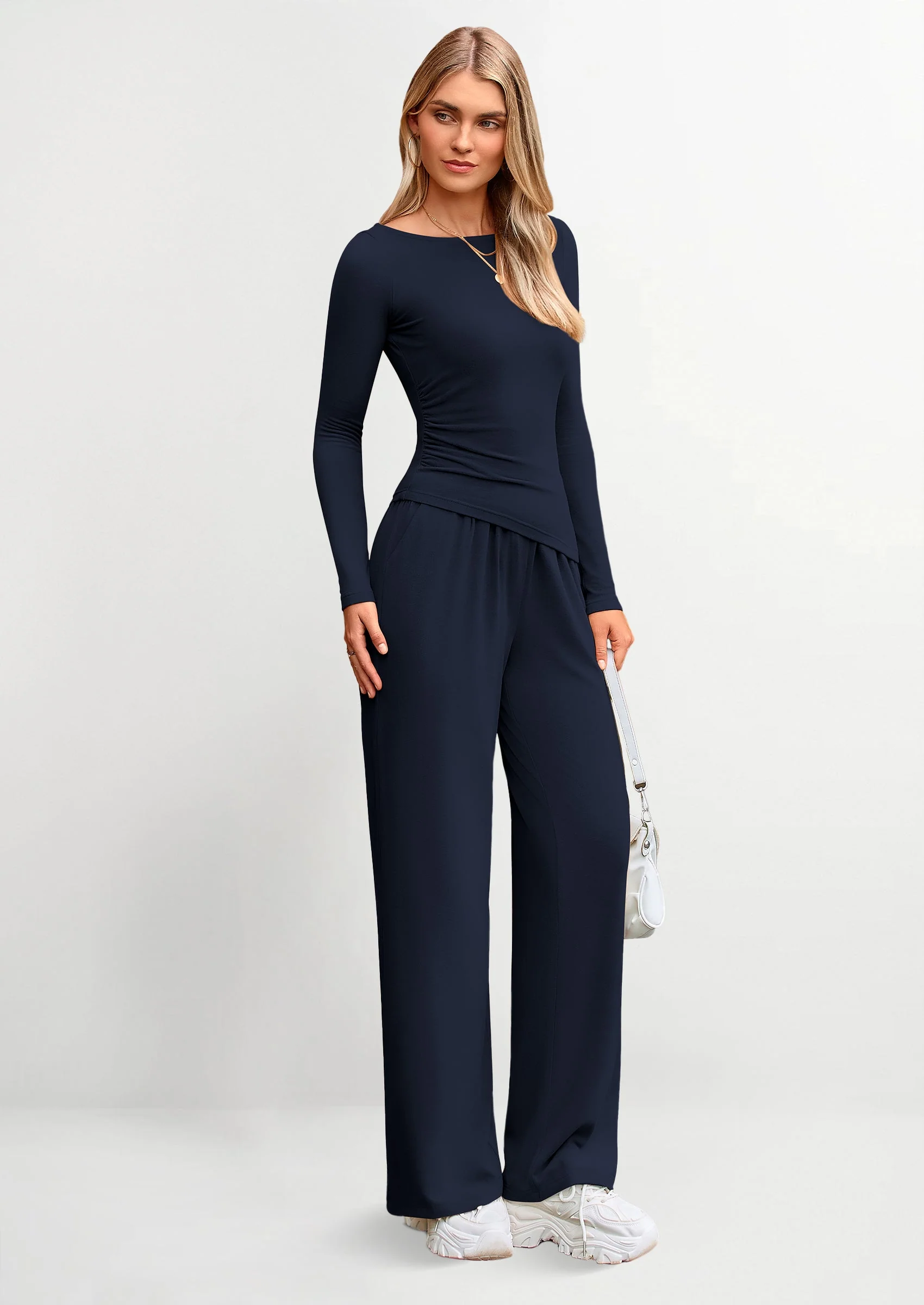 PRETTYGARDEN Women's 2 Piece Lounge Sets Asymmetrical Long Sleeve T Shirt Wide Leg Pants Casual Outfits Tracksuit - Image 49