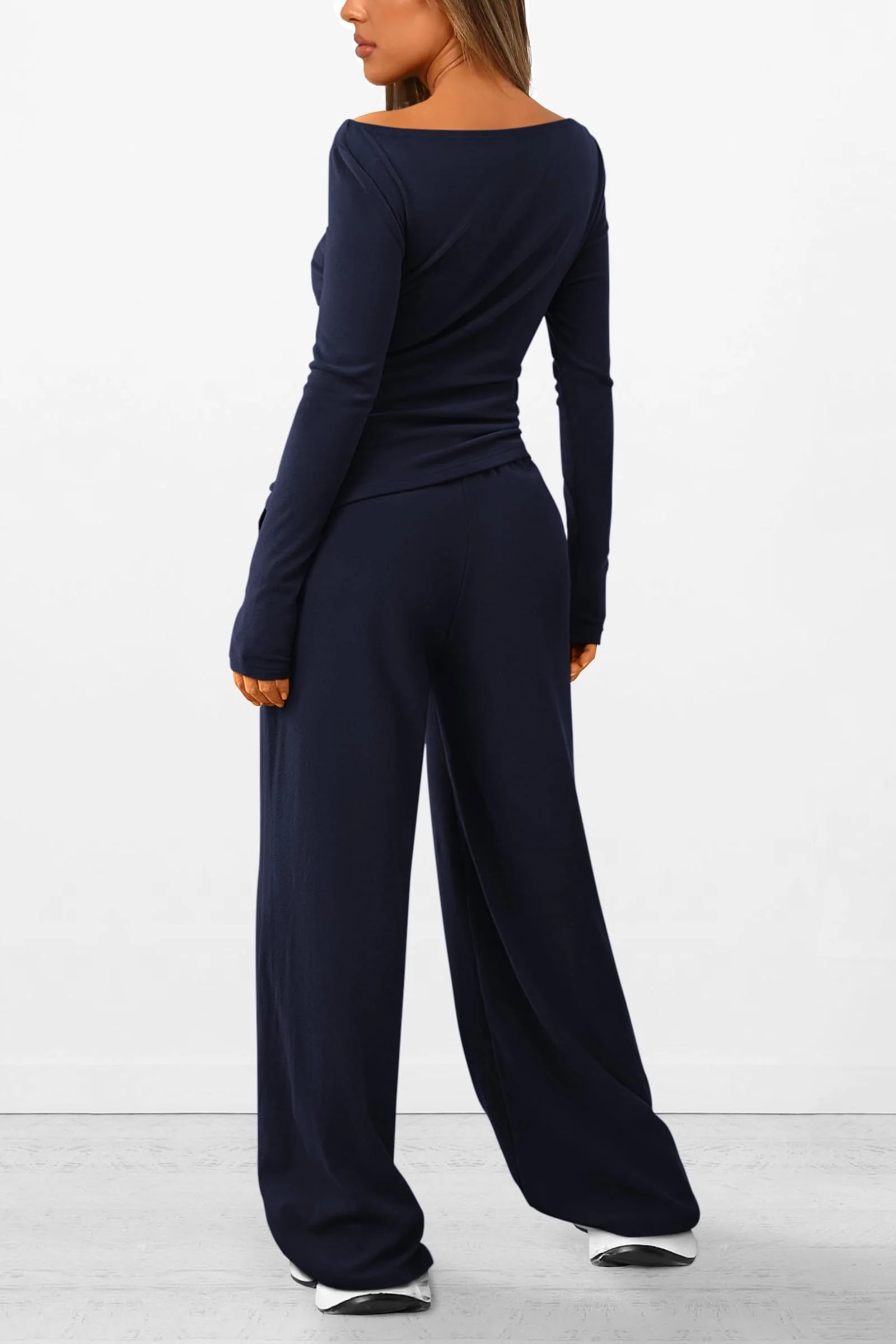 PRETTYGARDEN Women's 2 Piece Lounge Sets Asymmetrical Long Sleeve T Shirt Wide Leg Pants Casual Outfits Tracksuit - Image 50