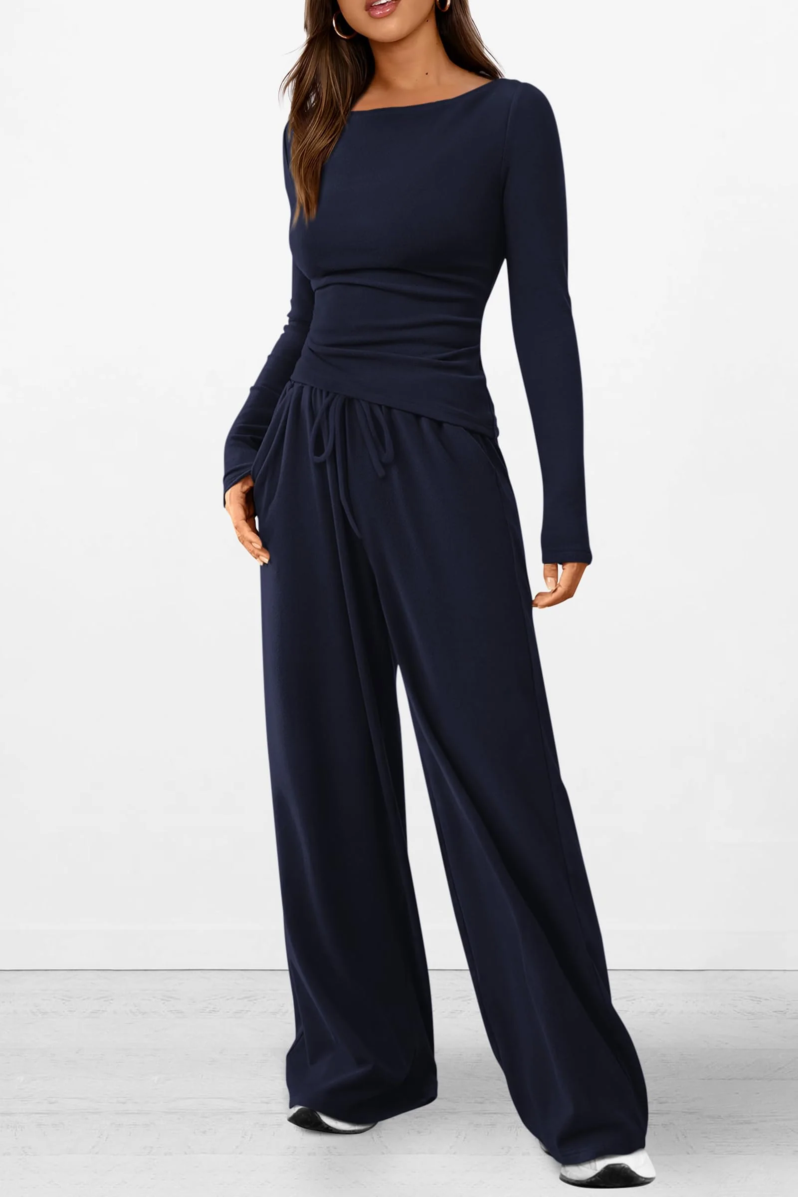 PRETTYGARDEN Women's 2 Piece Lounge Sets Asymmetrical Long Sleeve T Shirt Wide Leg Pants Casual Outfits Tracksuit - Image 51