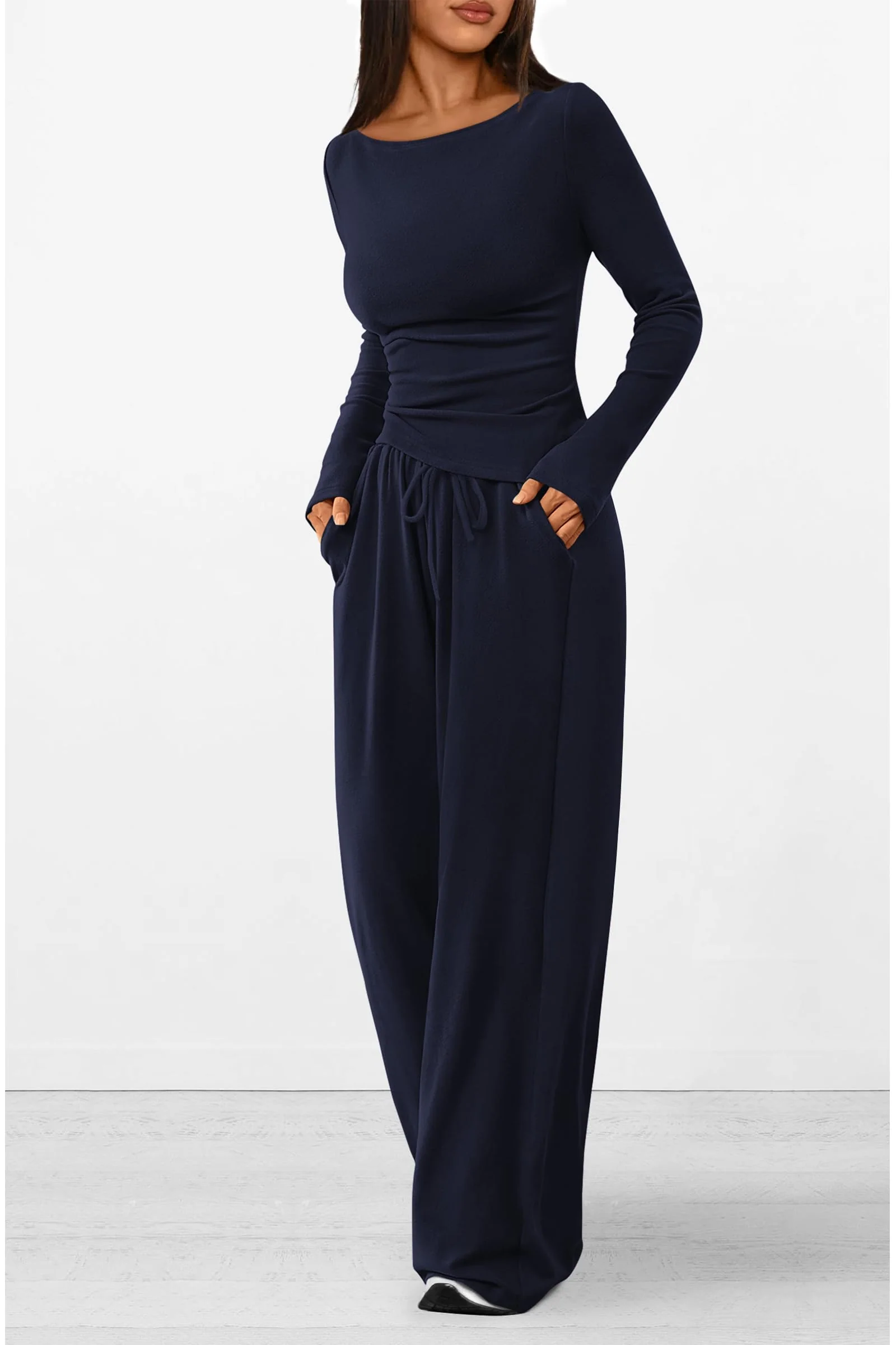 PRETTYGARDEN Women's 2 Piece Lounge Sets Asymmetrical Long Sleeve T Shirt Wide Leg Pants Casual Outfits Tracksuit - Image 52