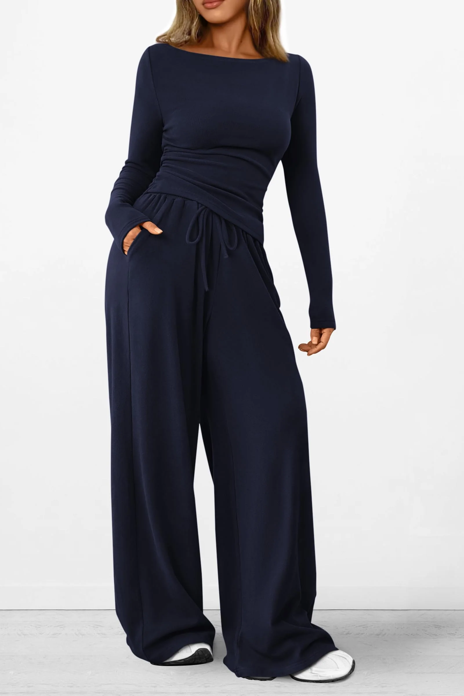 PRETTYGARDEN Women's 2 Piece Lounge Sets Asymmetrical Long Sleeve T Shirt Wide Leg Pants Casual Outfits Tracksuit - Image 53