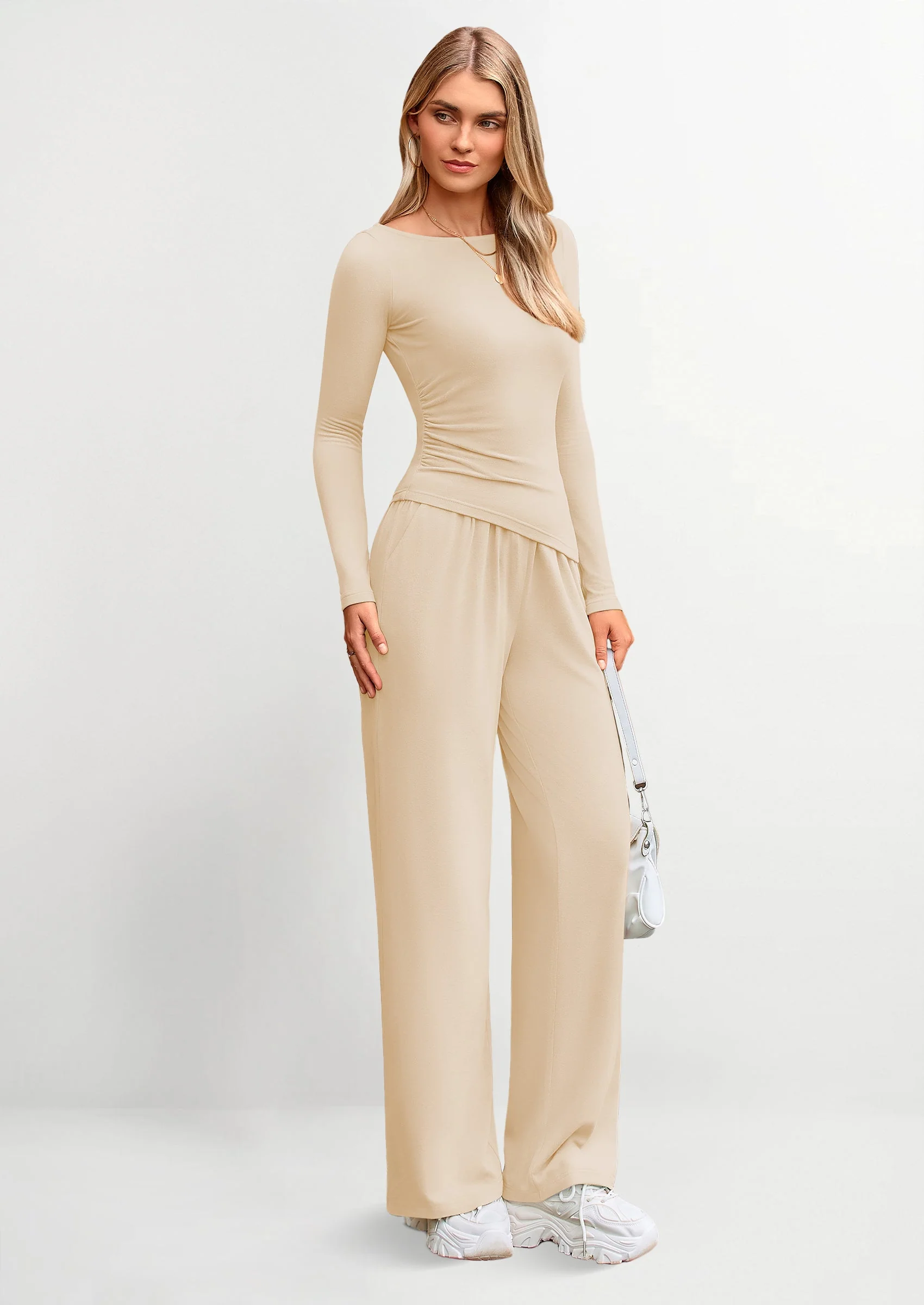 PRETTYGARDEN Women's 2 Piece Lounge Sets Asymmetrical Long Sleeve T Shirt Wide Leg Pants Casual Outfits Tracksuit - Image 7