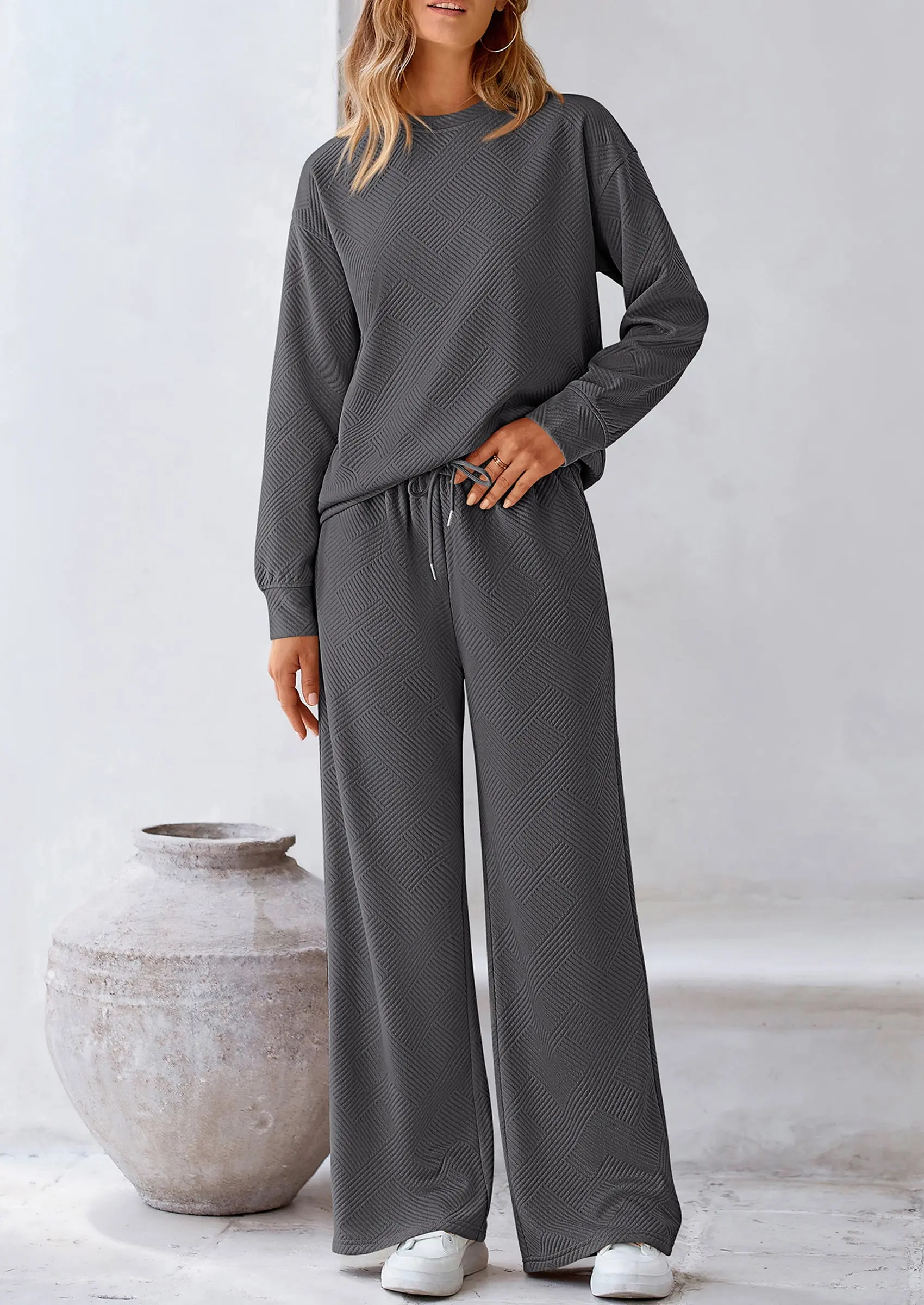 PRETTYGARDEN 2 Piece Long Sleeve Pullover Tops and Wide Leg Pants Knitted Lounge Sets - Image 29