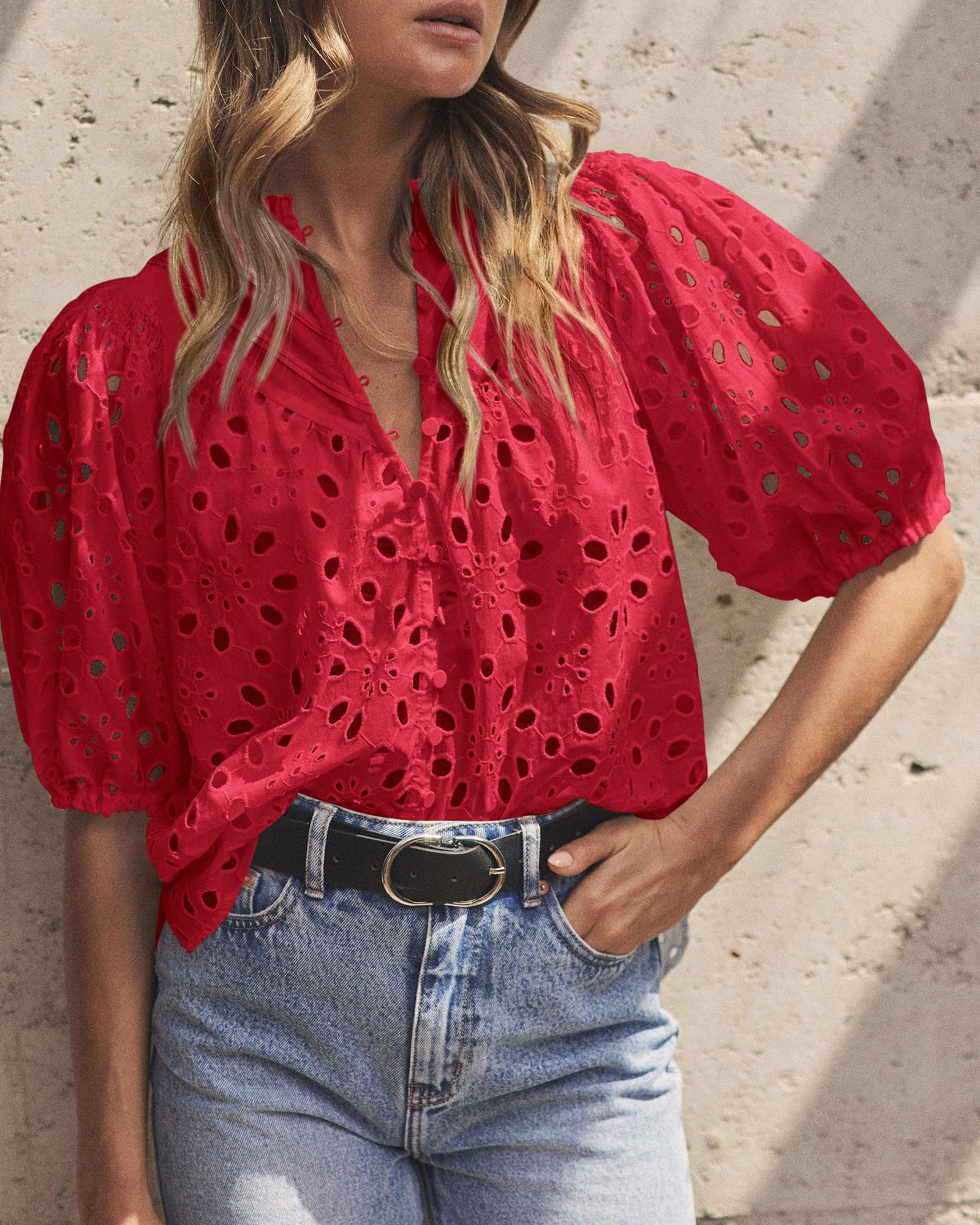 PRETTYGARDEN Women's Summer Short Sleeve Tops Dressy Casual Buttons V Neck Hollow Out Lace Embroidered Blouses Shirts - Image 101