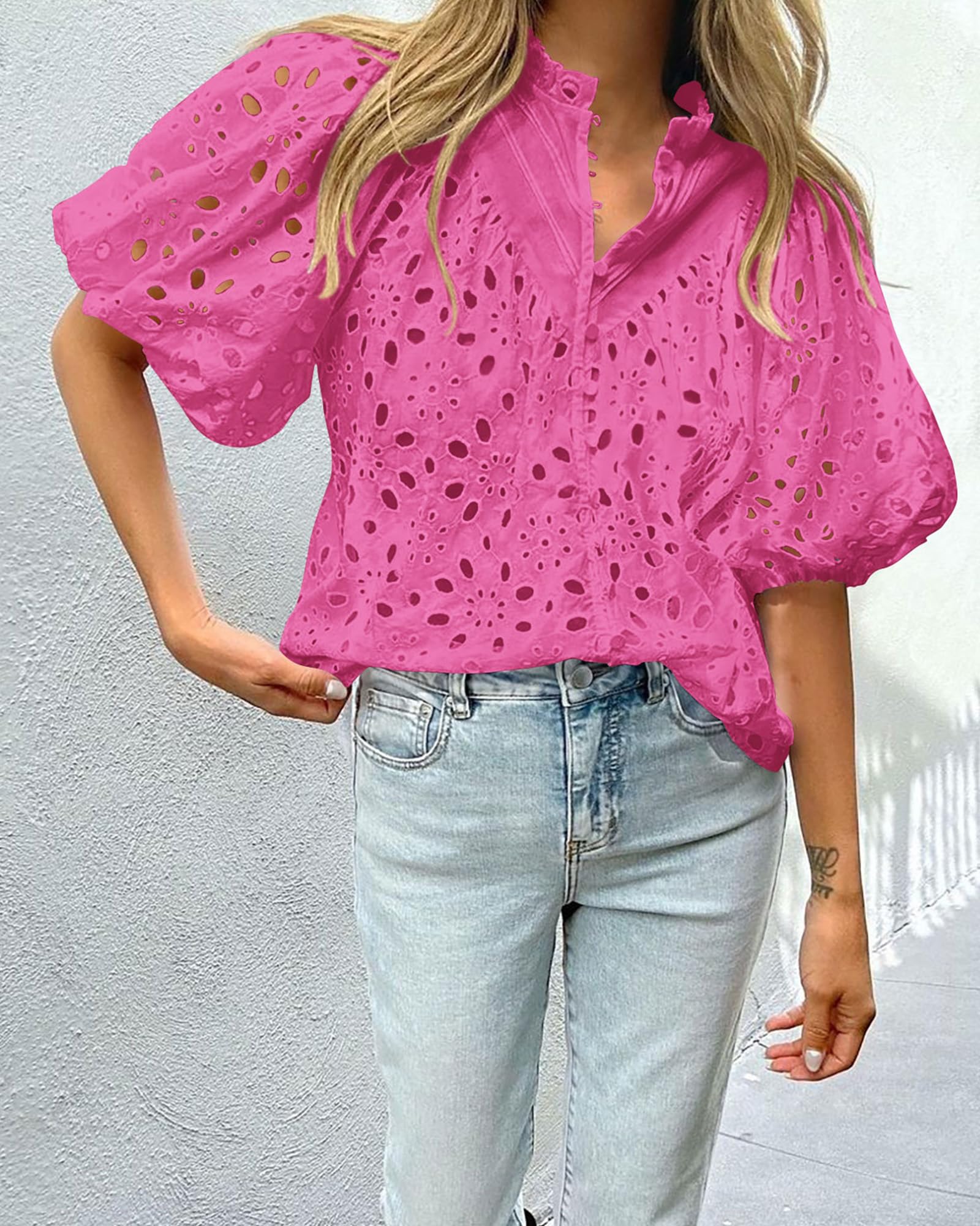 PRETTYGARDEN Women's Summer Short Sleeve Tops Dressy Casual Buttons V Neck Hollow Out Lace Embroidered Blouses Shirts - Image 108