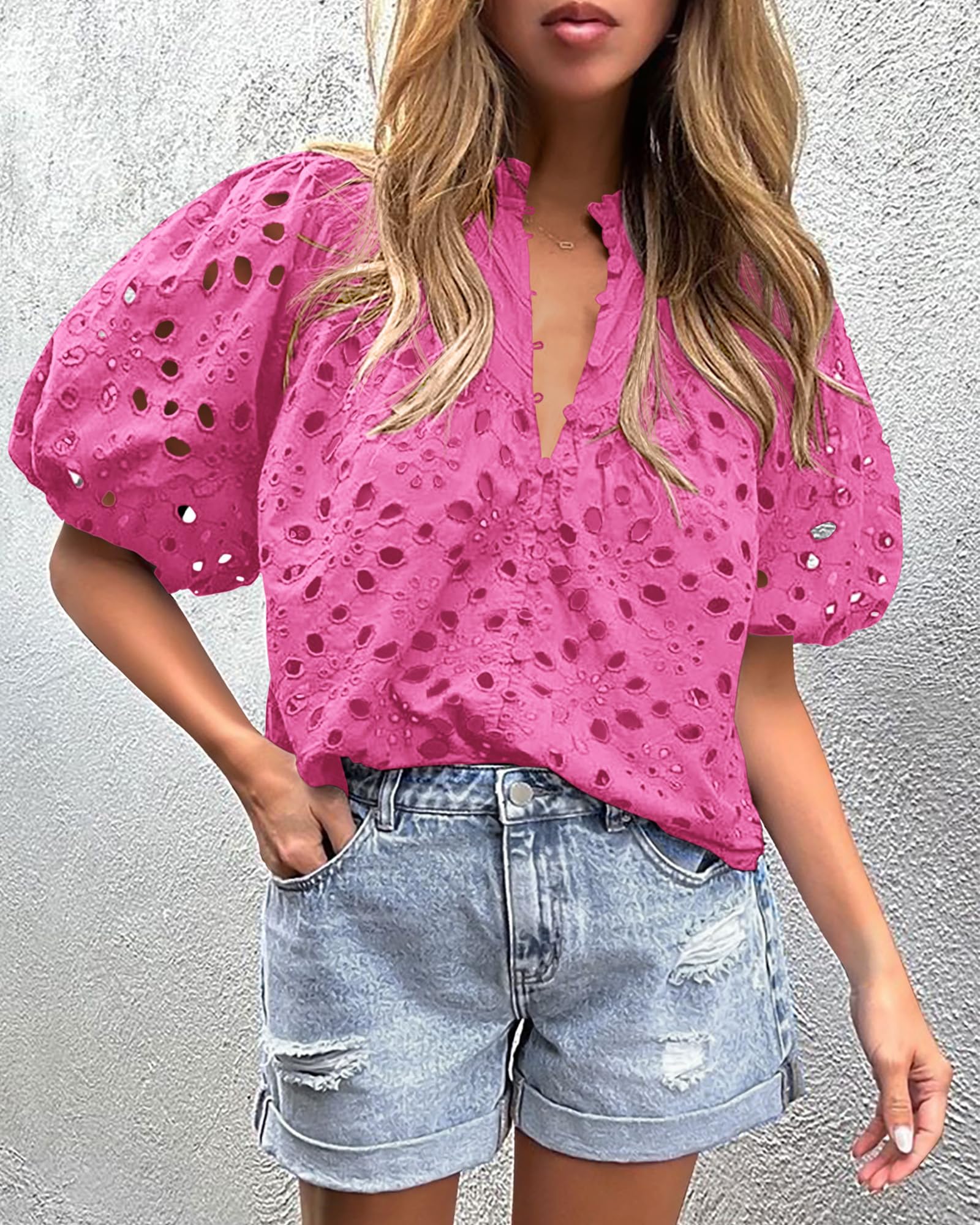 PRETTYGARDEN Women's Summer Short Sleeve Tops Dressy Casual Buttons V Neck Hollow Out Lace Embroidered Blouses Shirts - Image 113