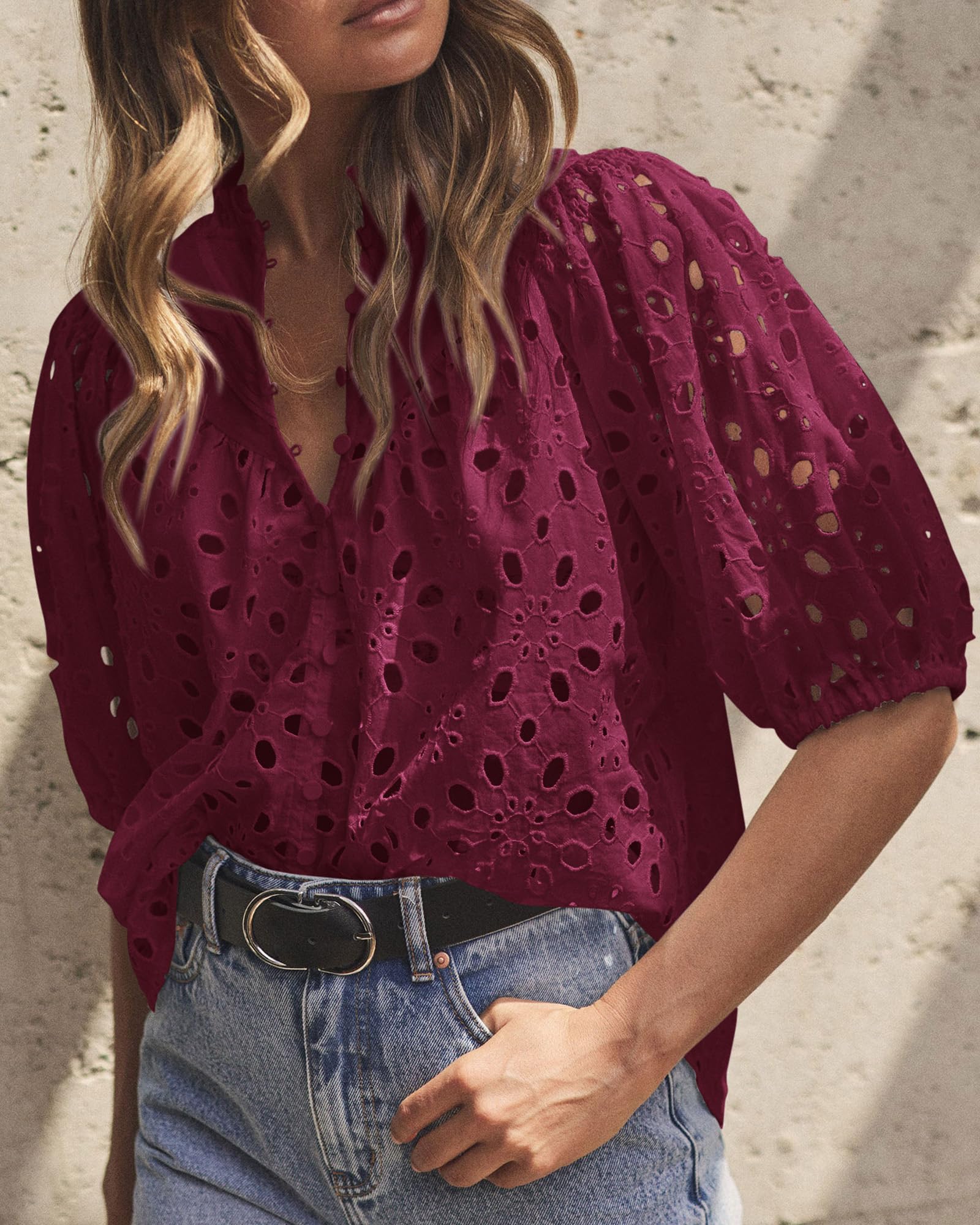 PRETTYGARDEN Women's Summer Short Sleeve Tops Dressy Casual Buttons V Neck Hollow Out Lace Embroidered Blouses Shirts - Image 125