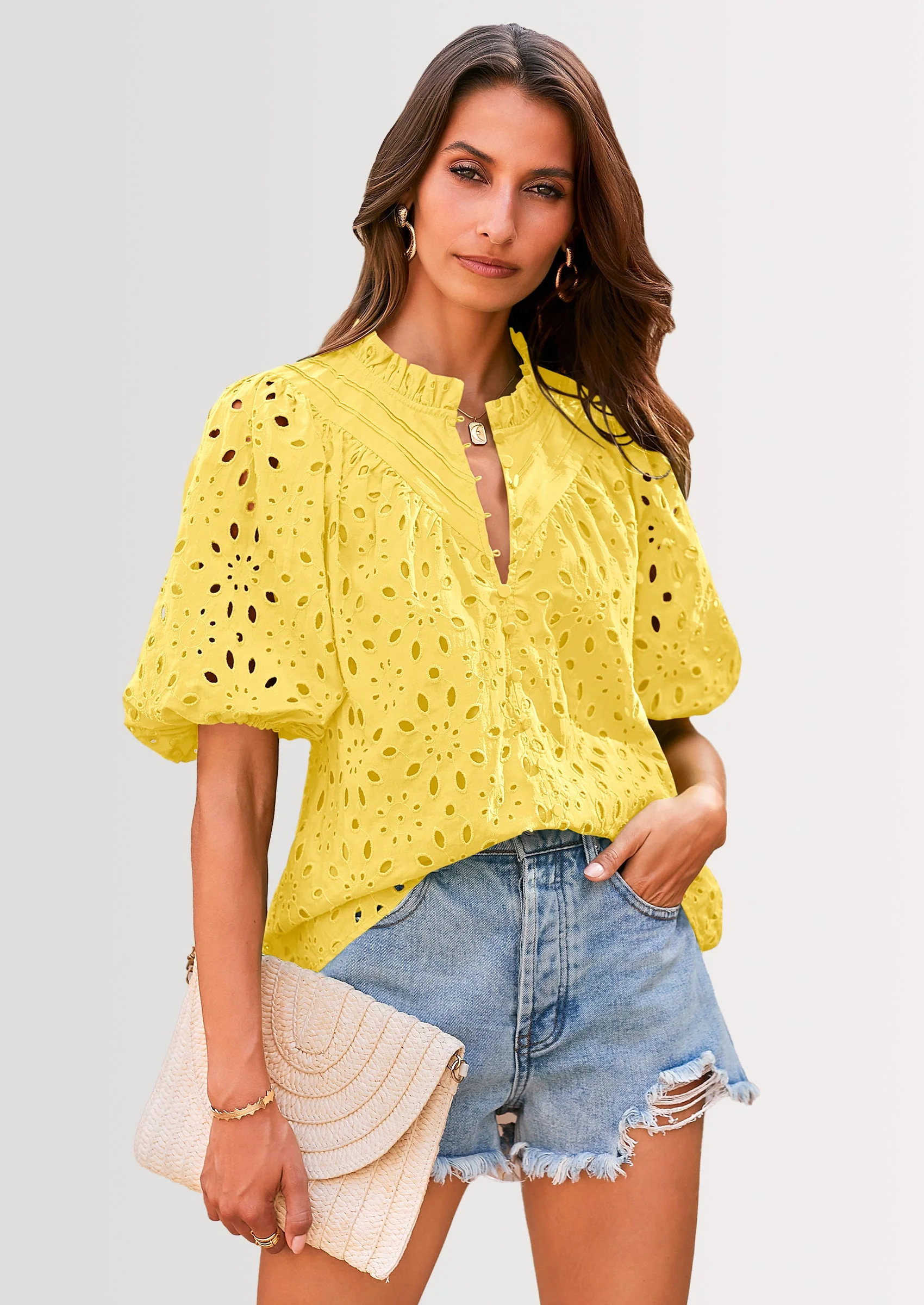 PRETTYGARDEN Women's Summer Short Sleeve Tops Dressy Casual Buttons V Neck Hollow Out Lace Embroidered Blouses Shirts - Image 127