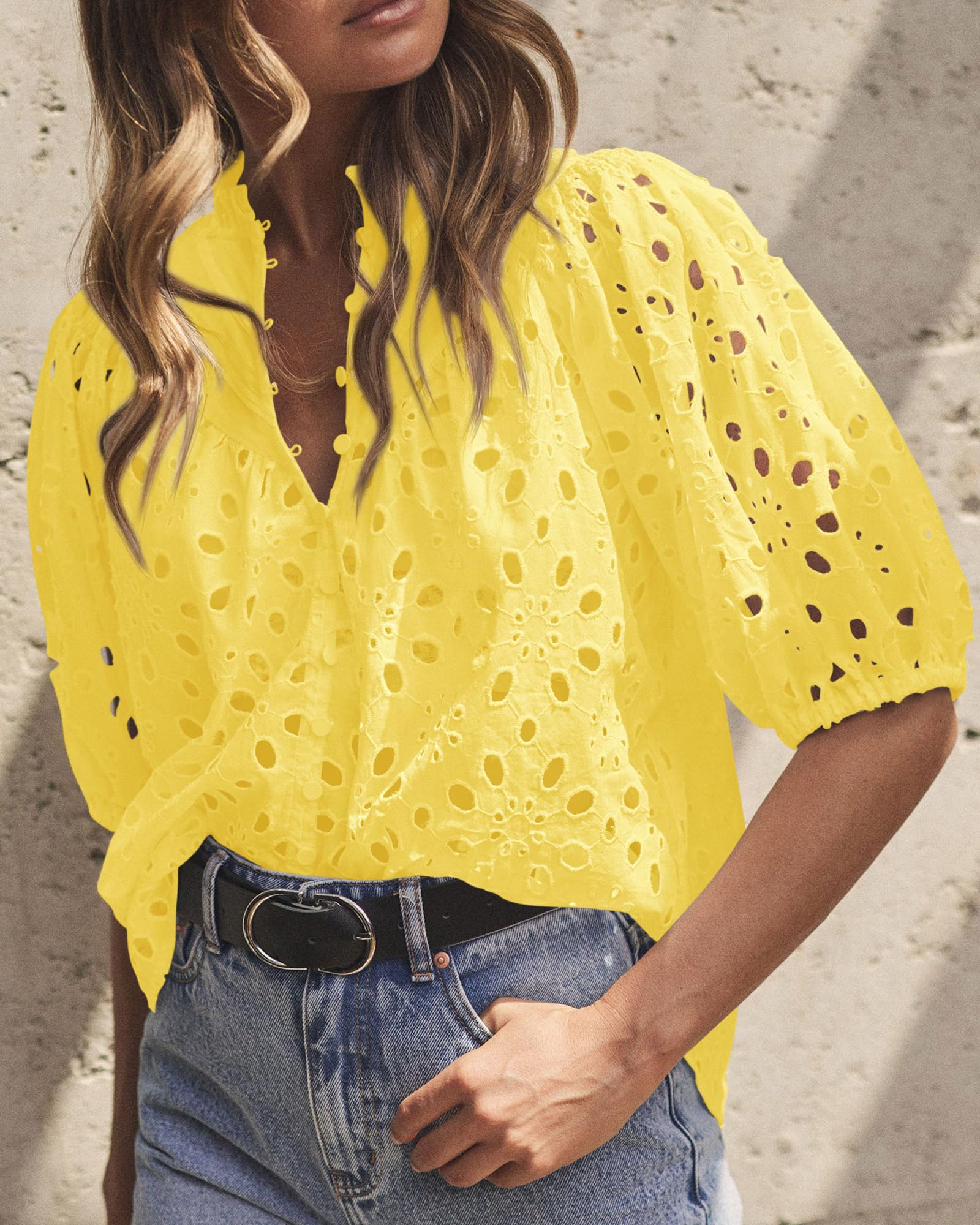 PRETTYGARDEN Women's Summer Short Sleeve Tops Dressy Casual Buttons V Neck Hollow Out Lace Embroidered Blouses Shirts - Image 133