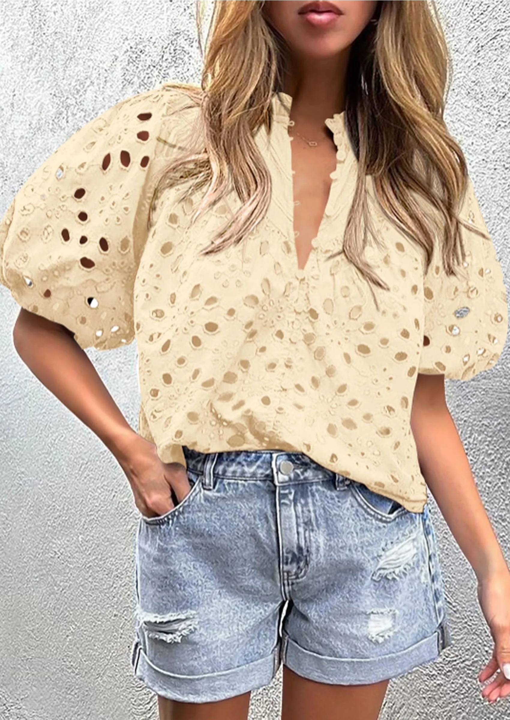 PRETTYGARDEN Women's Summer Short Sleeve Tops Dressy Casual Buttons V Neck Hollow Out Lace Embroidered Blouses Shirts - Image 2