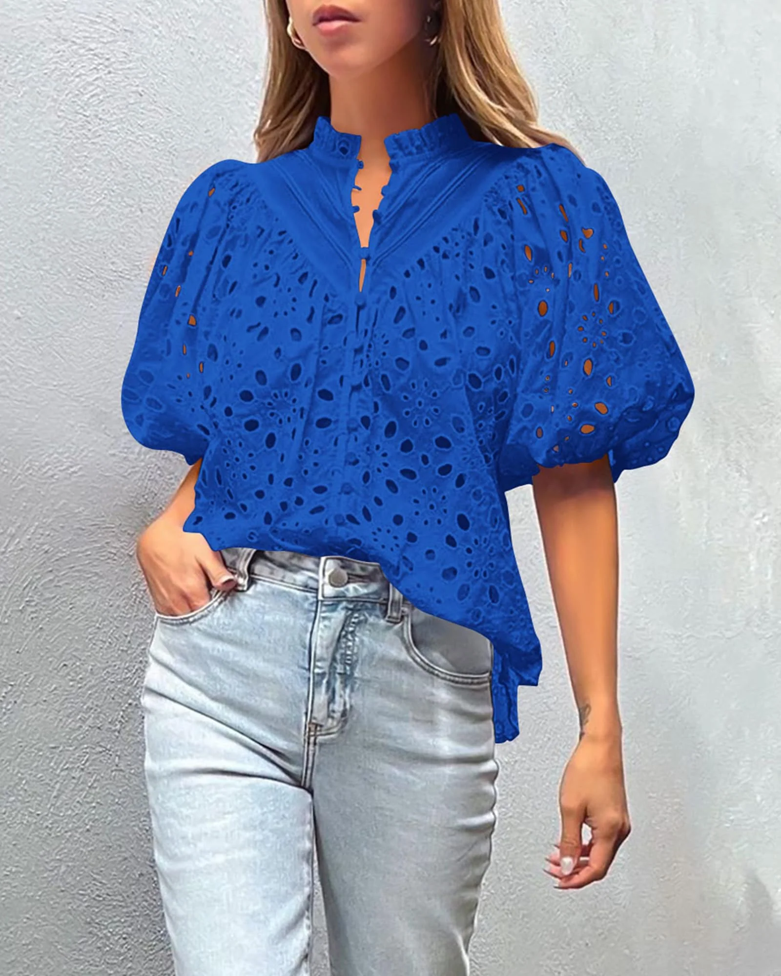 PRETTYGARDEN Women's Summer Short Sleeve Tops Dressy Casual Buttons V Neck Hollow Out Lace Embroidered Blouses Shirts - Image 25