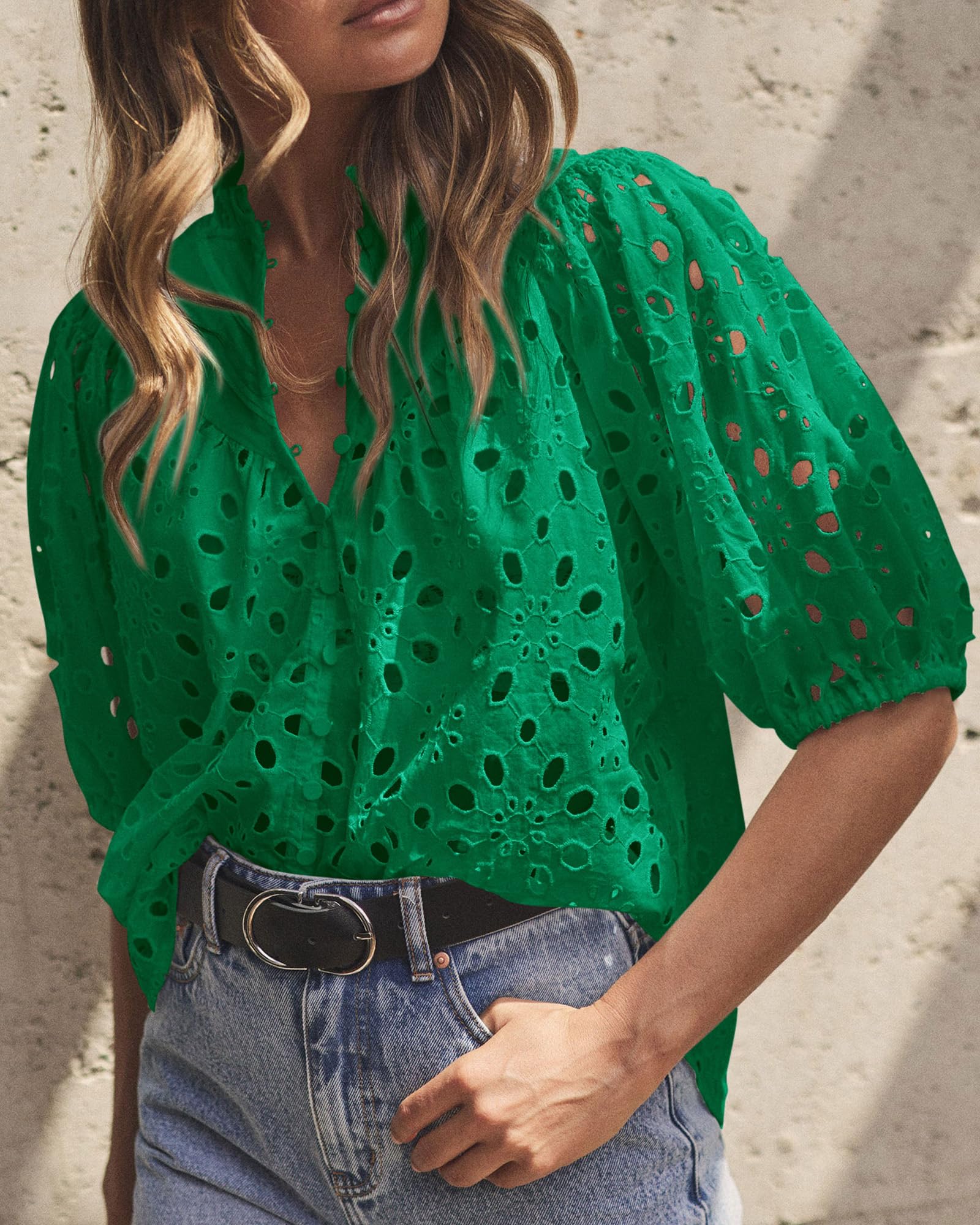PRETTYGARDEN Women's Summer Short Sleeve Tops Dressy Casual Buttons V Neck Hollow Out Lace Embroidered Blouses Shirts - Image 38