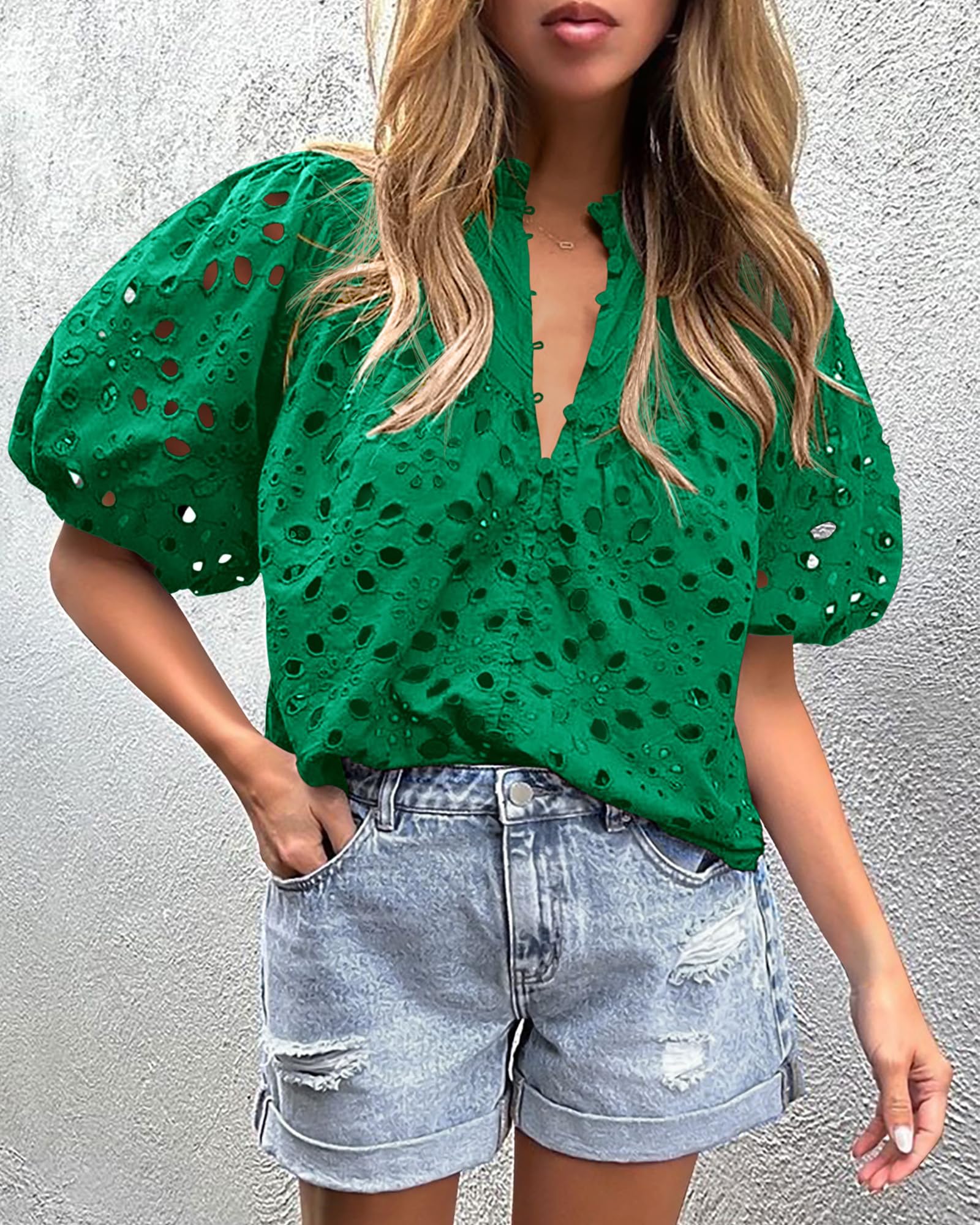 PRETTYGARDEN Women's Summer Short Sleeve Tops Dressy Casual Buttons V Neck Hollow Out Lace Embroidered Blouses Shirts - Image 39