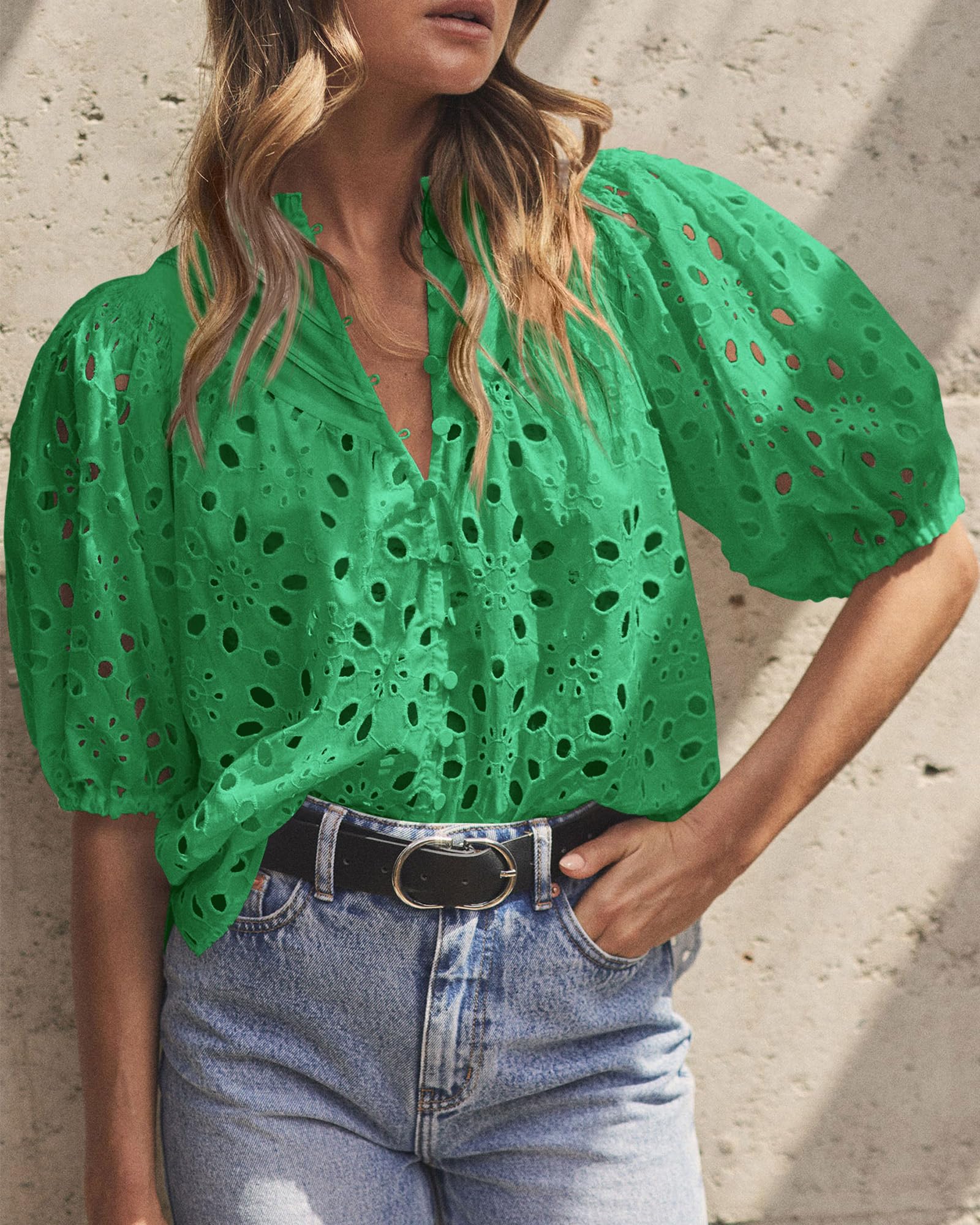 PRETTYGARDEN Women's Summer Short Sleeve Tops Dressy Casual Buttons V Neck Hollow Out Lace Embroidered Blouses Shirts - Image 41