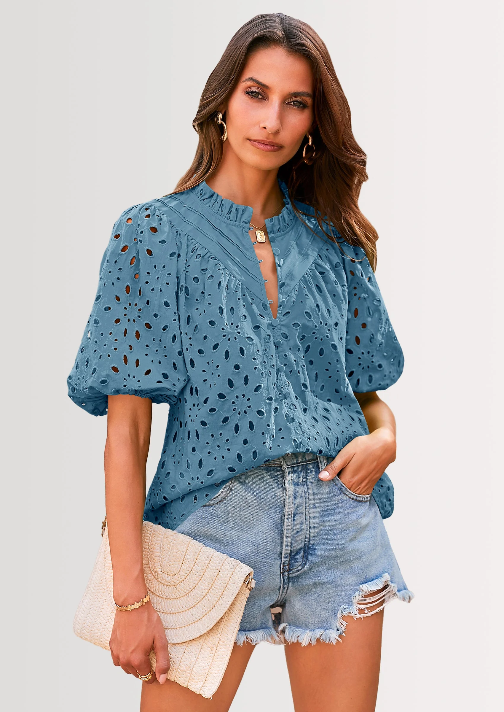 PRETTYGARDEN Women's Summer Short Sleeve Tops Dressy Casual Buttons V Neck Hollow Out Lace Embroidered Blouses Shirts - Image 46
