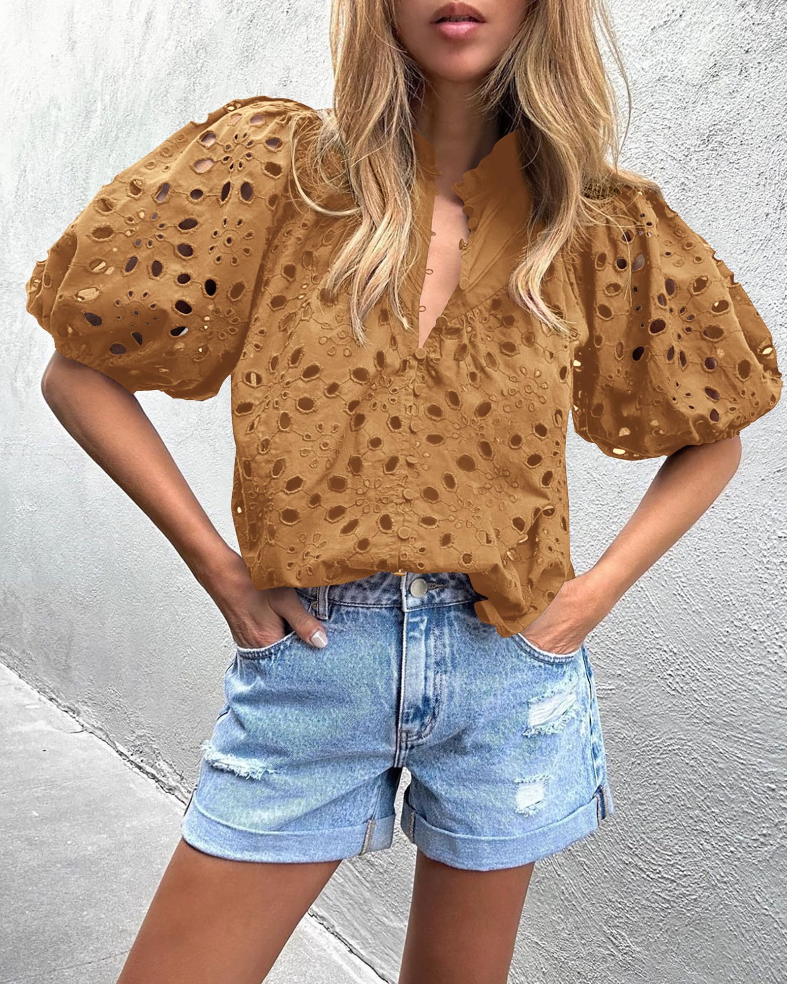 PRETTYGARDEN Women's Summer Short Sleeve Tops Dressy Casual Buttons V Neck Hollow Out Lace Embroidered Blouses Shirts - Image 56
