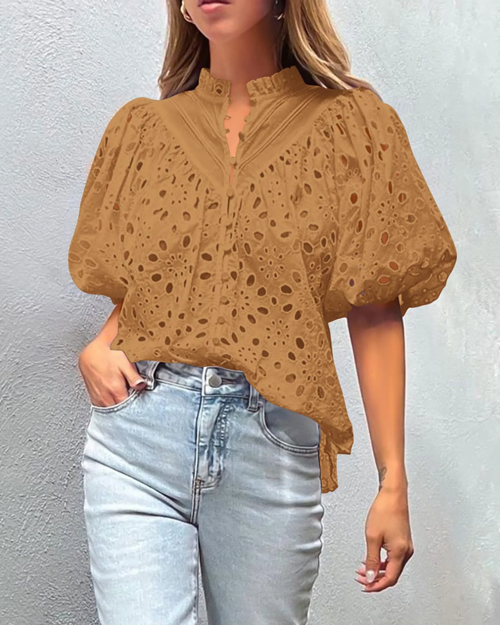 PRETTYGARDEN Women's Summer Short Sleeve Tops Dressy Casual Buttons V Neck Hollow Out Lace Embroidered Blouses Shirts - Image 57