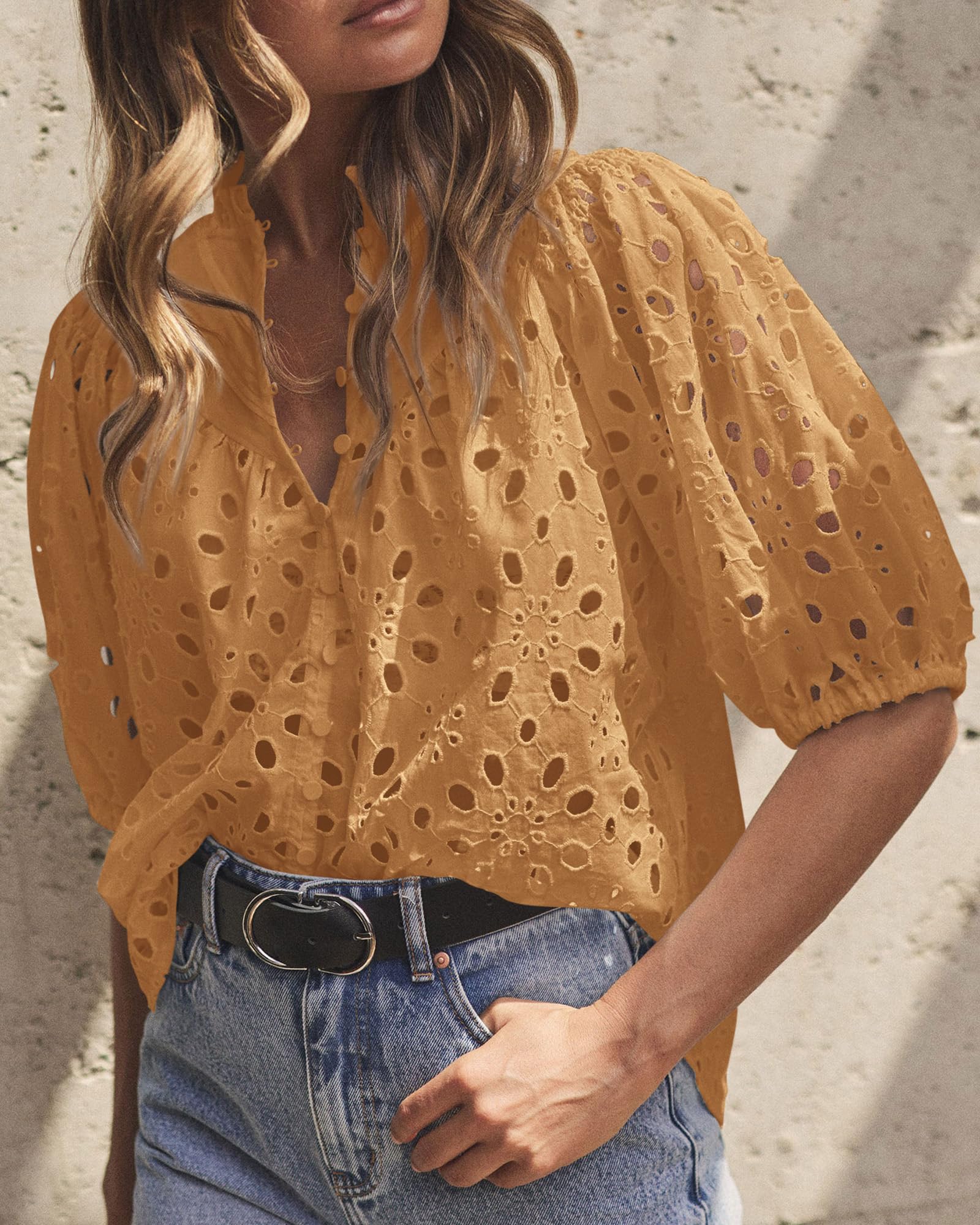 PRETTYGARDEN Women's Summer Short Sleeve Tops Dressy Casual Buttons V Neck Hollow Out Lace Embroidered Blouses Shirts - Image 58