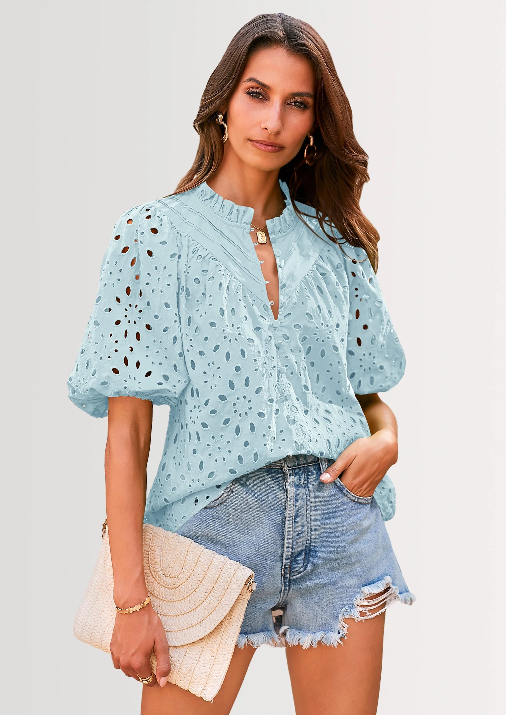 PRETTYGARDEN Women's Summer Short Sleeve Tops Dressy Casual Buttons V Neck Hollow Out Lace Embroidered Blouses Shirts - Image 67