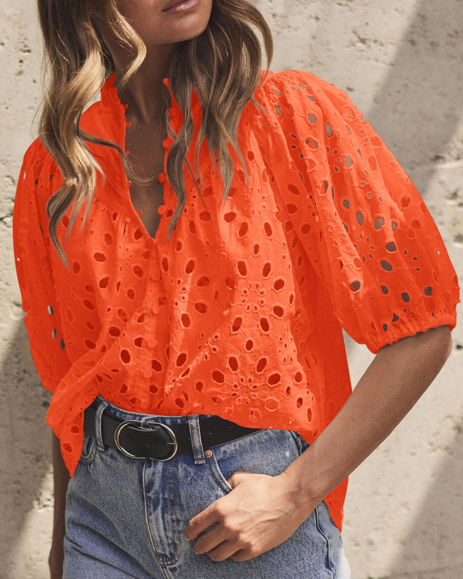 PRETTYGARDEN Women's Summer Short Sleeve Tops Dressy Casual Buttons V Neck Hollow Out Lace Embroidered Blouses Shirts - Image 92