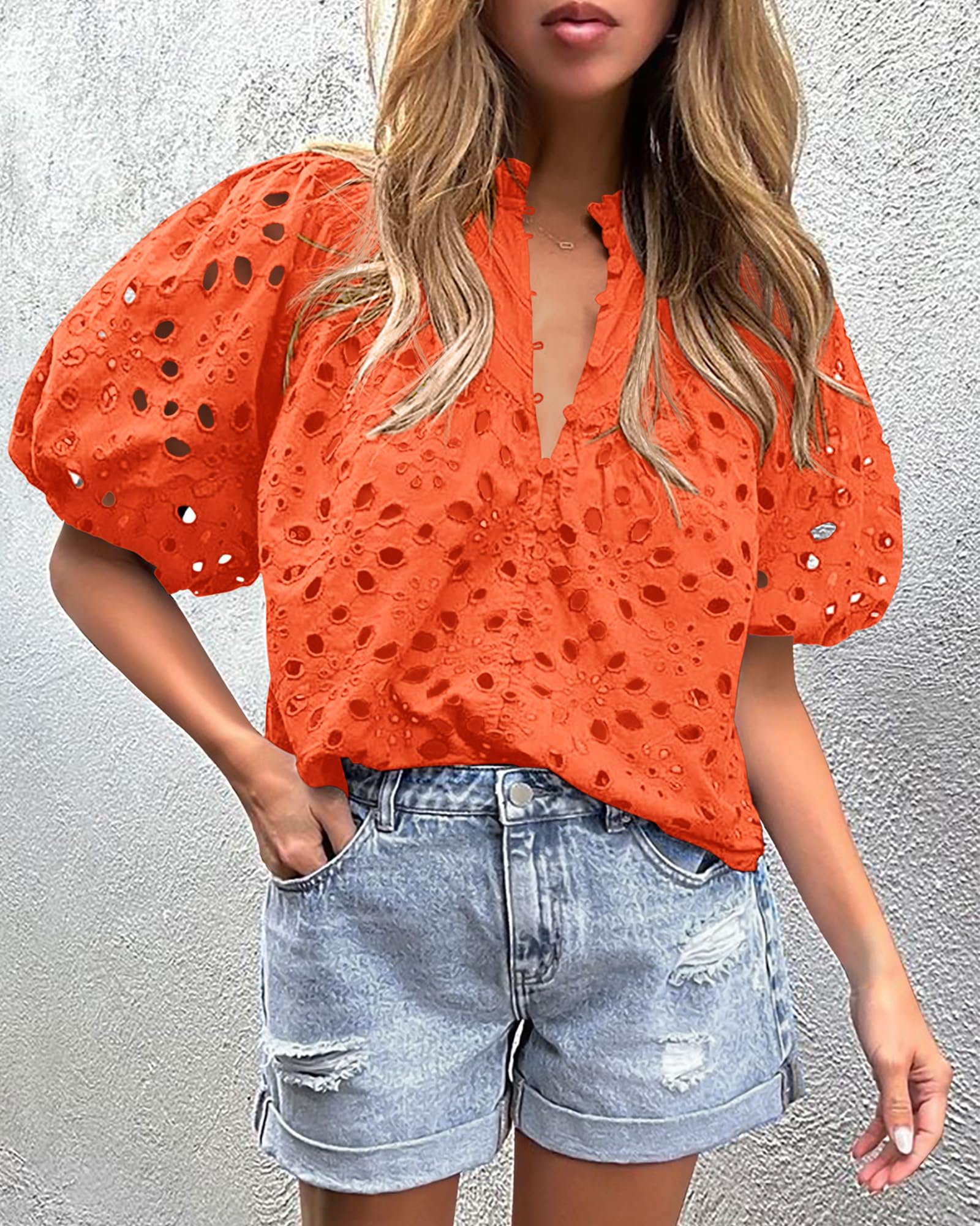 PRETTYGARDEN Women's Summer Short Sleeve Tops Dressy Casual Buttons V Neck Hollow Out Lace Embroidered Blouses Shirts - Image 93