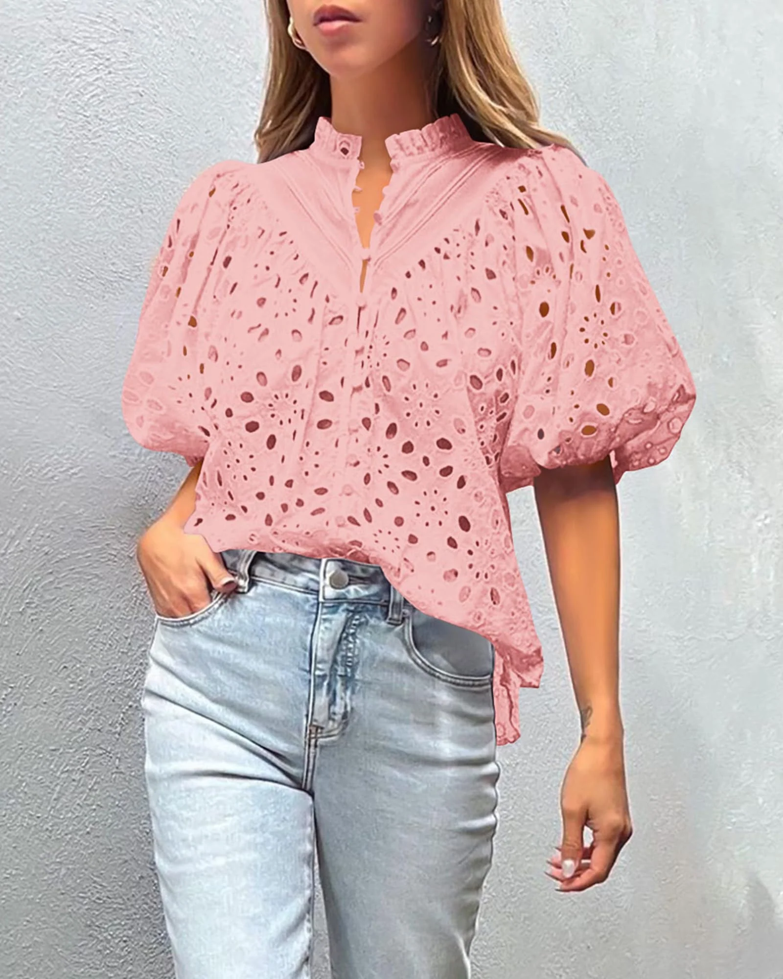 PRETTYGARDEN Women's Summer Short Sleeve Tops Dressy Casual Buttons V Neck Hollow Out Lace Embroidered Blouses Shirts - Image 98
