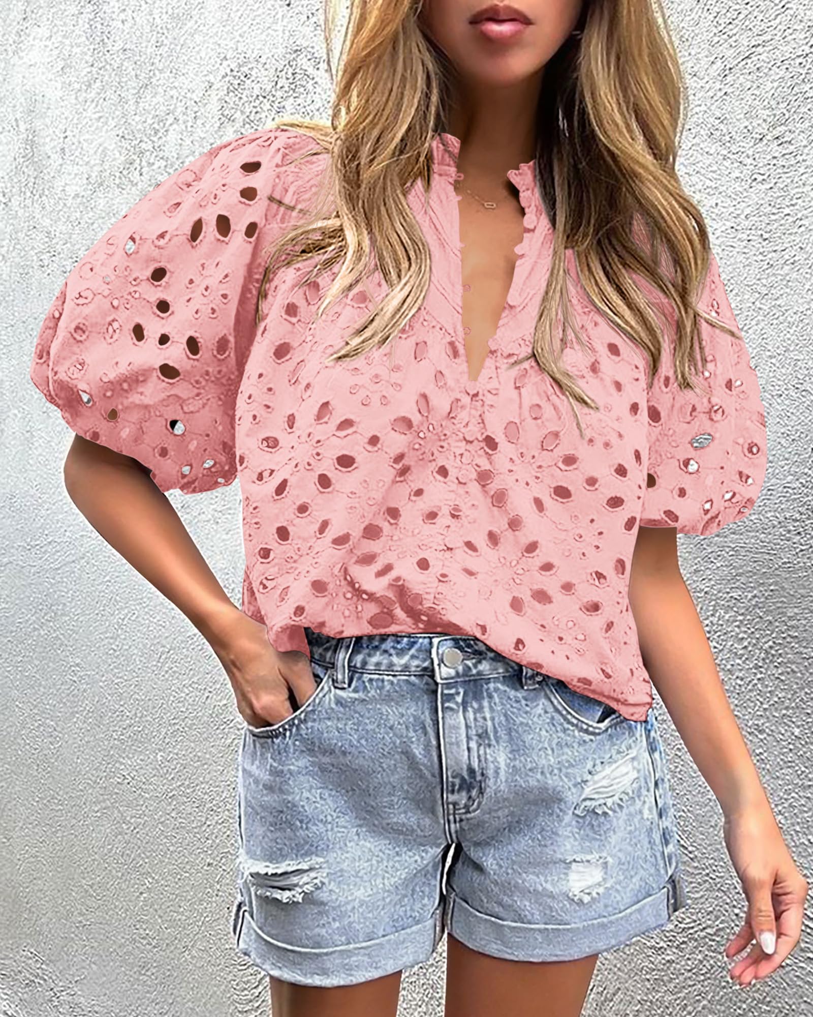 PRETTYGARDEN Women's Summer Short Sleeve Tops Dressy Casual Buttons V Neck Hollow Out Lace Embroidered Blouses Shirts - Image 99