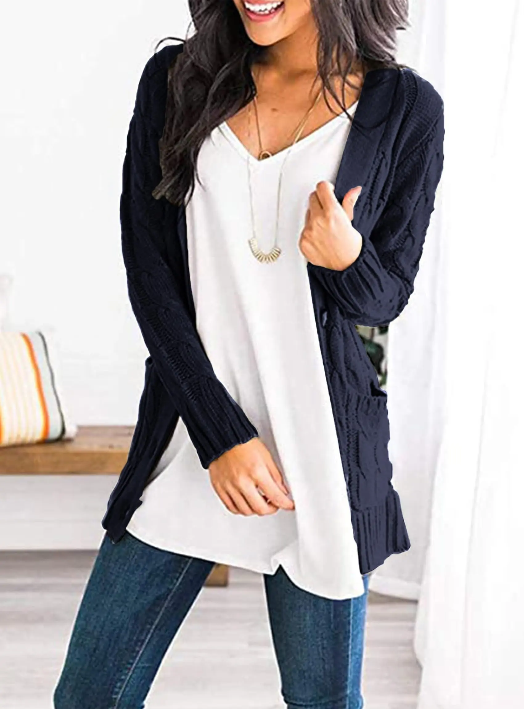 PRETTYGARDEN Women's Open Front Cardigan Sweaters Fall Fashion Button Down Cable Knit Chunky Winter Outerwear Coats - Image 100